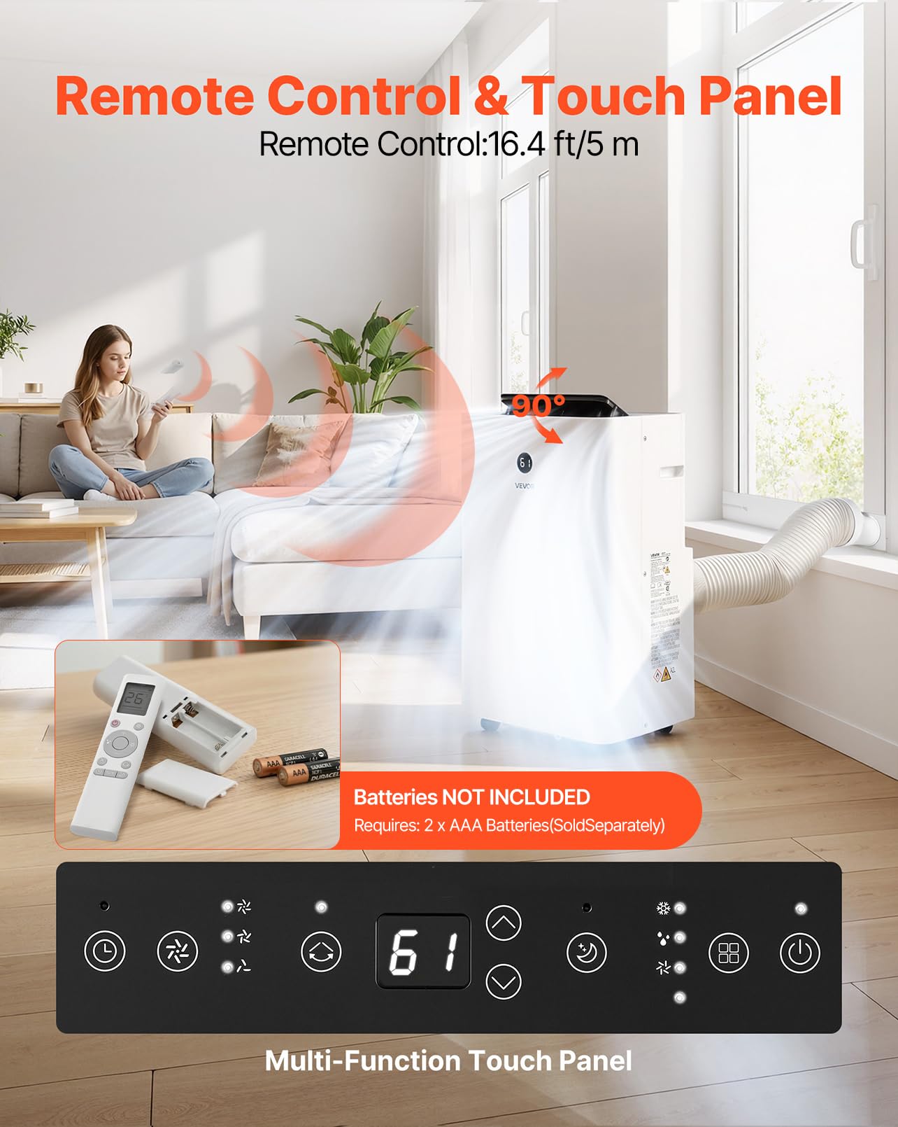 VEVOR Portable Air Conditioner, 12000 BTU ASHRAE (8150 BTU SACC) 4-in-1 Standing Cooling Ac Unit, LED Touch Panel & Remote Control, 24h Timer, Cooling, Dehumidifier, Fan, Sleep Mode for Room Indoor