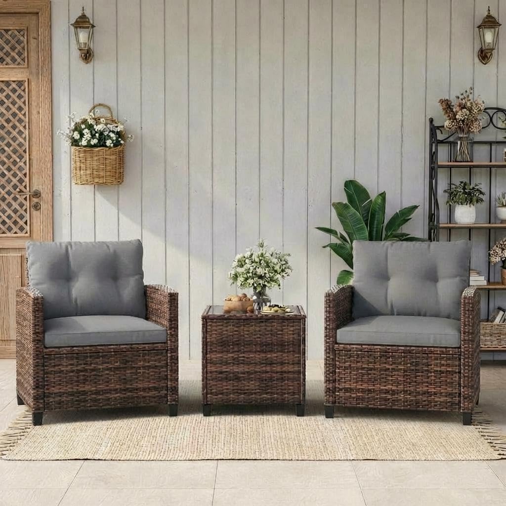 GarveeLife 3 Pieces Patio Furniture Set, PE Rattan Patio Conversation Set with Tempered Glass Tabletop, Outdoor Wicker Chairs and Table Set for Patio Balcony Garden, Brown and Grey