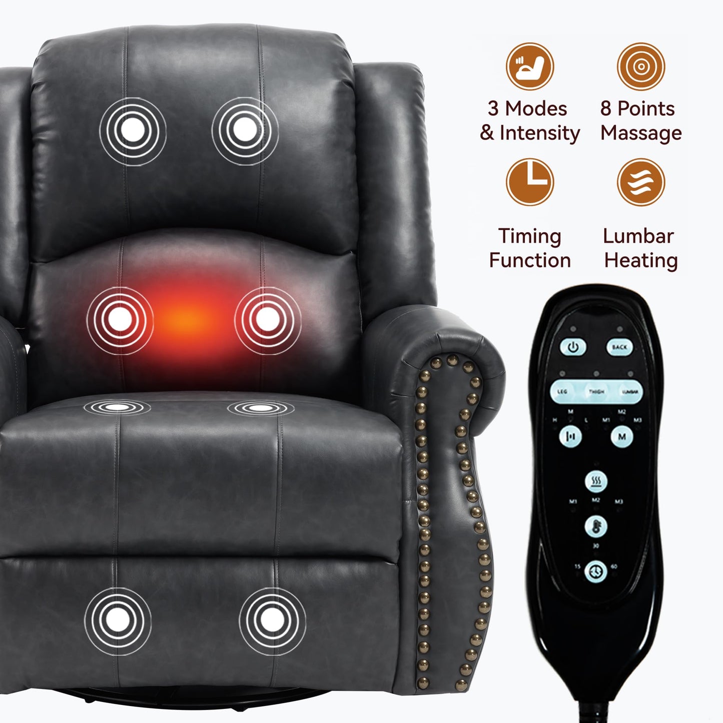 GDFStudio Heat Massage Swivel Rocker Recliner Chair, Manual Fabric Recliner with 360° Swivel, Rocking Function, Lumbar Heat and 8-Point Massage, Overstuffed Living Room Reclining Chair, Grey
