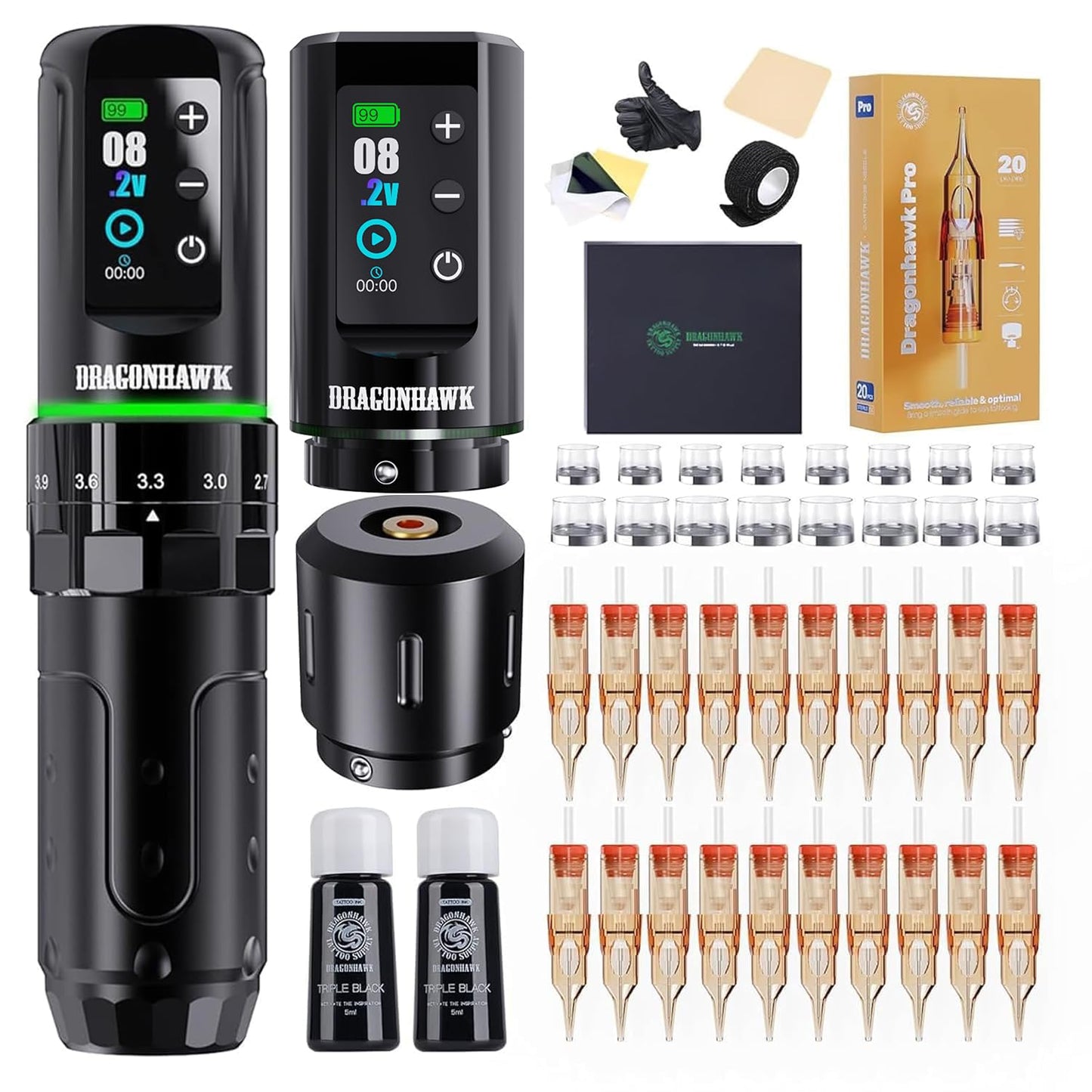 Dragonhawk L3 Wireless Tattoo Kit, Complete Tattoo Gun Kit for Beginners, Adjustable 7 Stroke Tattoo Pen Machine 2.4-4.2mm, Mcore Motor, RCA Corded Backup, Dual 2000mAh Batteries, Tattoo Supplies Set