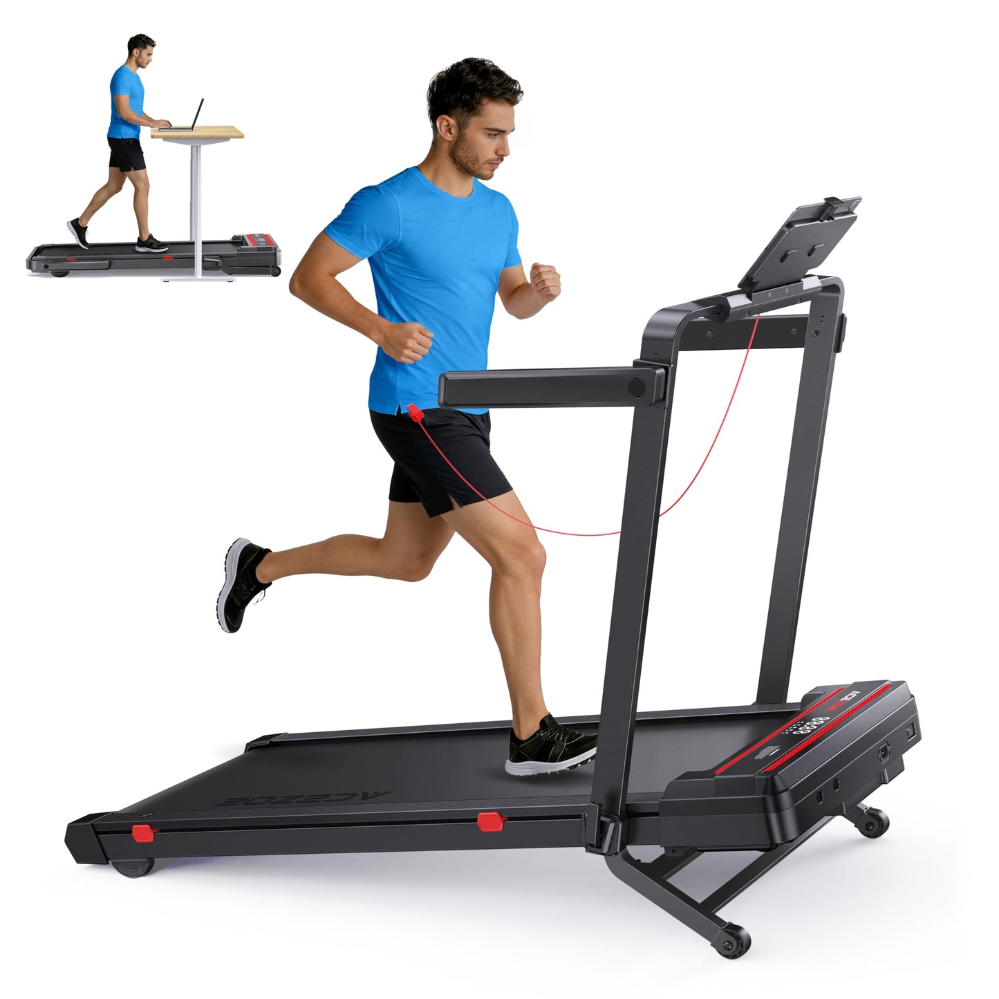 Foldable Walking Pad with 0-15% Auto Incline and Handle Bar, Under Desk Treadmill with 300LBS Weight Capacity, 3.0HP Quiet Treadmills for Home with Speaker, APP & Remote Control-Black Red