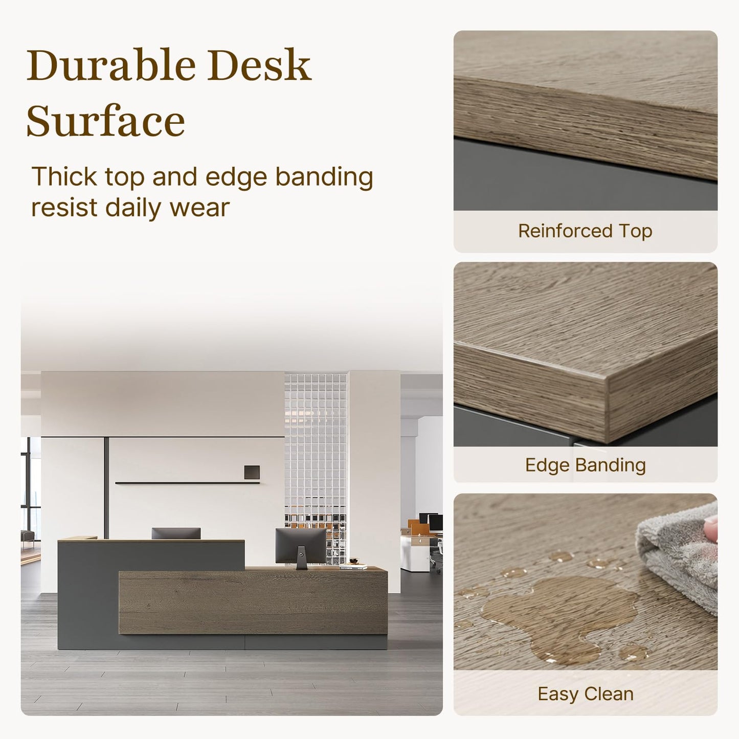 Nuipesn 79" Modern L-Shaped Reception Desk, Front Desk Counter with Drawer, Keyboard Tray and Storage Shelves, Right Layout, Tobacco Wood and Iron Gray