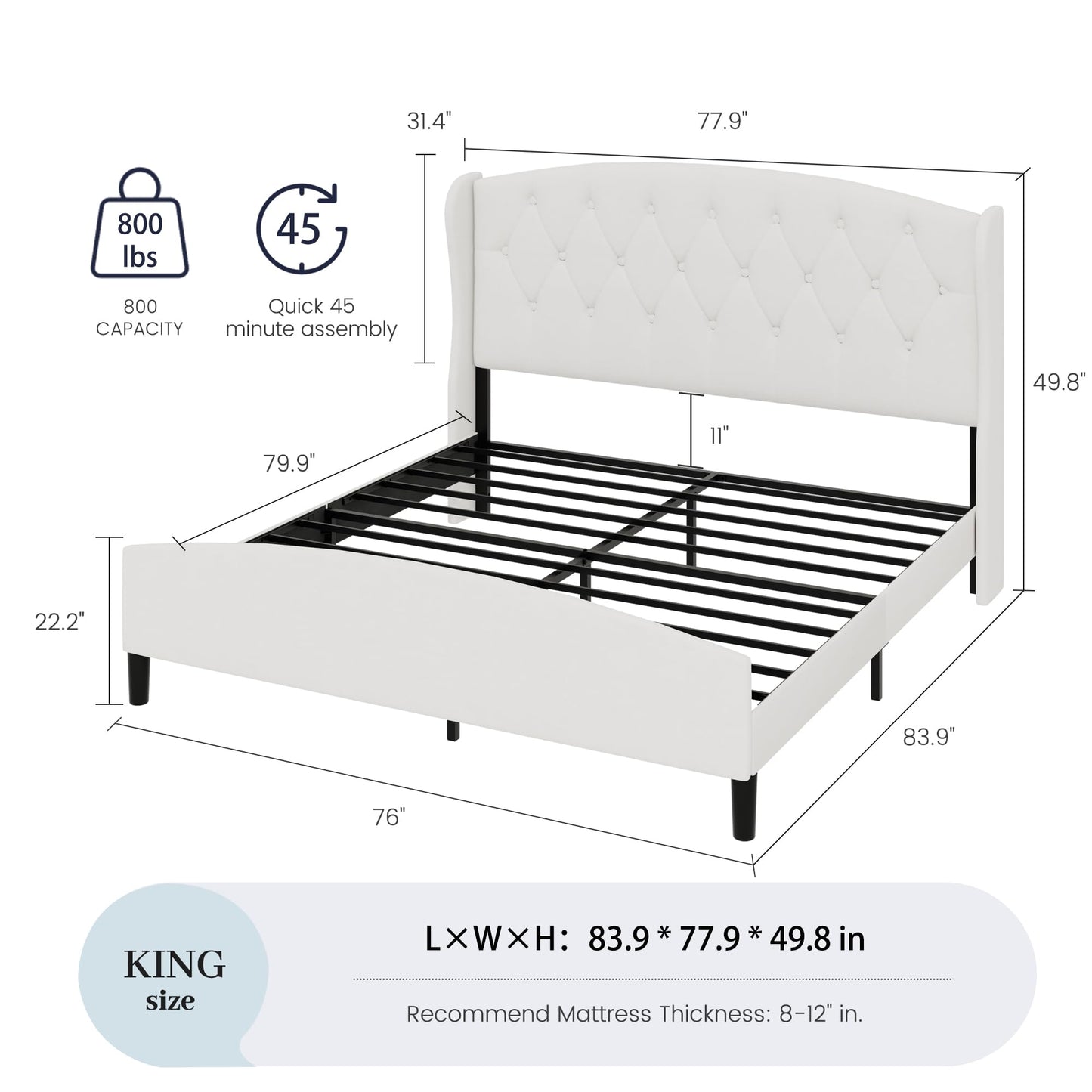 SAMTRA King Bed Frame with Extra Tall 51" Wingback Headboard, Soft Velvet Upholstered Platform Bed Frame, Modern Cloud Bed, Noise-Free, Metal Slats Support, No Box Spring Needed