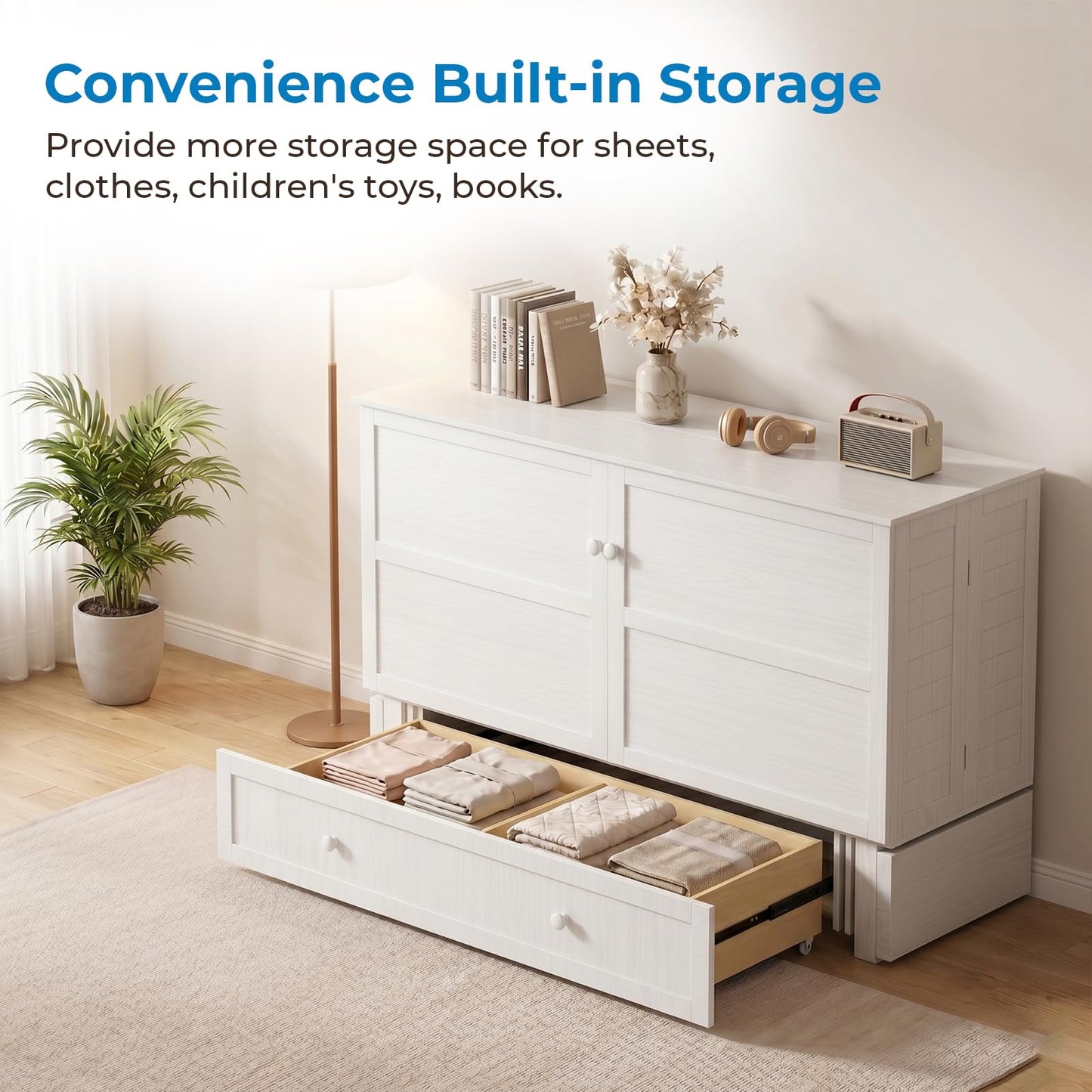 Mjkone Murphy Bed Cabinet Queen with Tri-Fold Mattress Included & USB Charging Station, Modern Versatile Solid Wood Chest Cabinet Wall Bed with Drawers, Adult Guest Beds for Apartment Bedroom - White