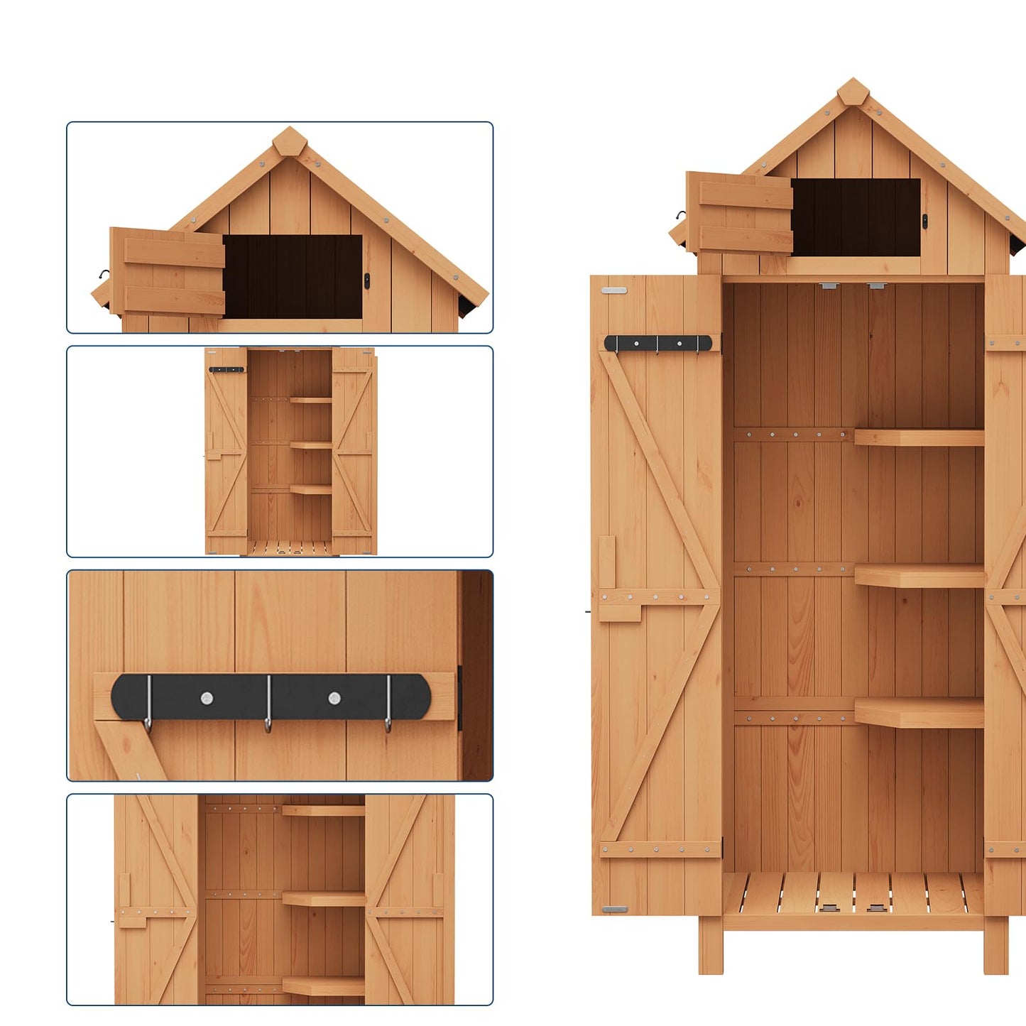 GarveeLife 70 in Outdoor Wooden Storage Shed Waterproof, Vertical Outdoor Storage Cabinet with 3 Shelves, Roof Storage & Lockable Door, Space-Saving Garden Tool Shed for Patio, Yard, Lawn