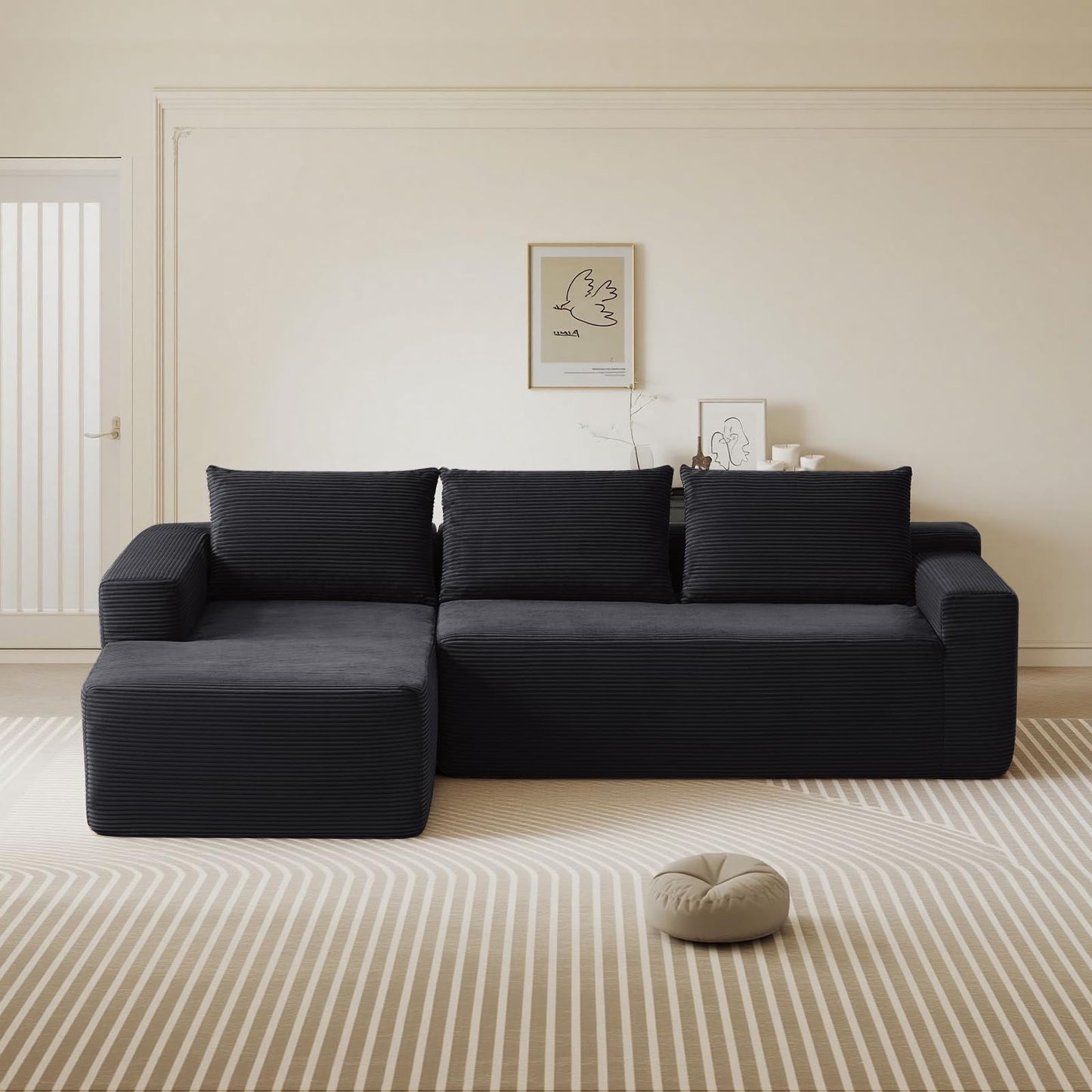 Yafylly 96.9 Inch Boneless L-Shaped Sectional Sofa, No Assembly Compressed Modular Couch with Memory Foam Deep Seat, Throw Pillow & Side Pockets for Living Room, Bedroom, Apartment, Black Left