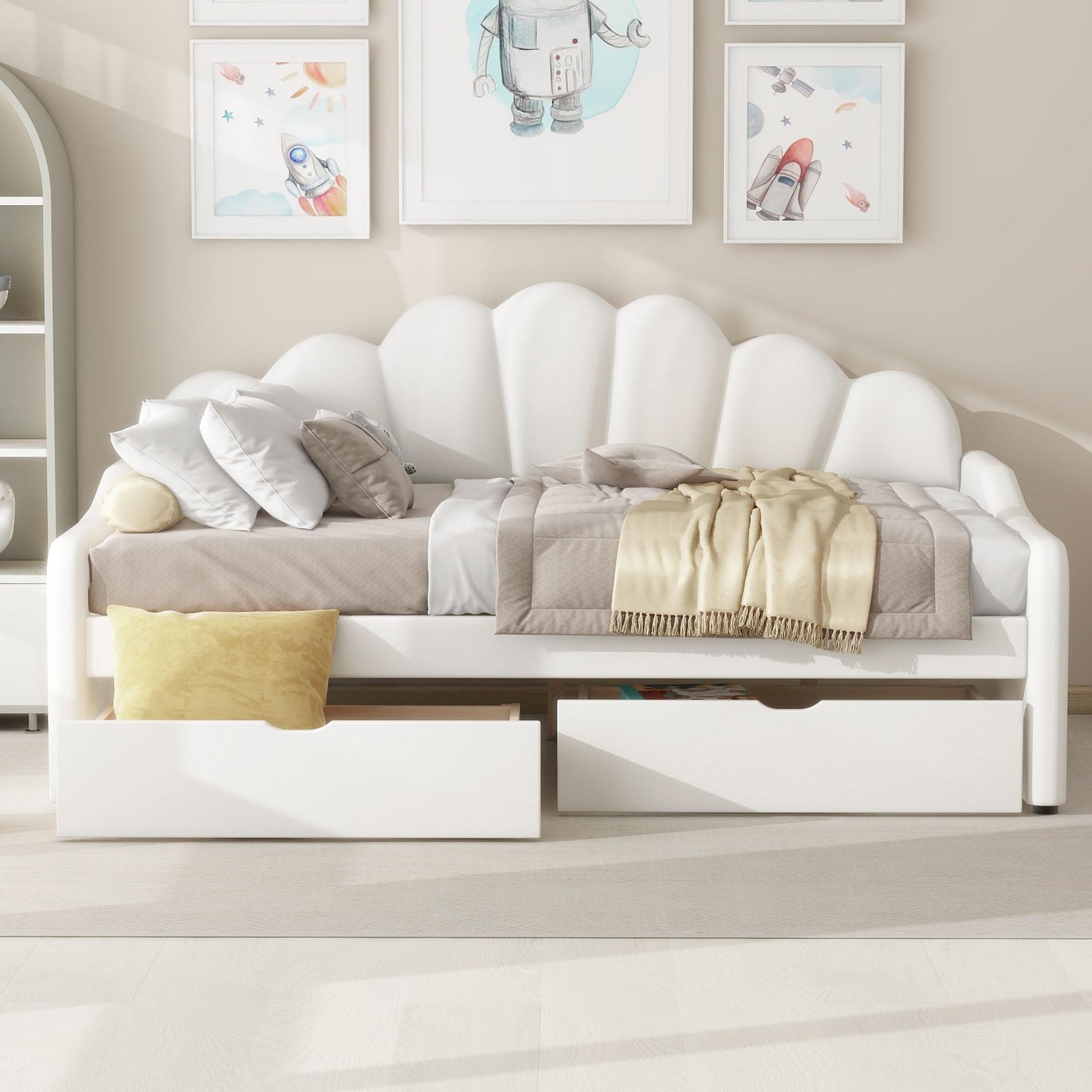 Merax Full Size Modern Upholstered Sofa Day Bed with Shall Shaped Backrest & Storage Drawers, Mutifunction Platform Bed with Wood Slat Support,Velvet Storage Bed Frame with Headboard/Twin, White
