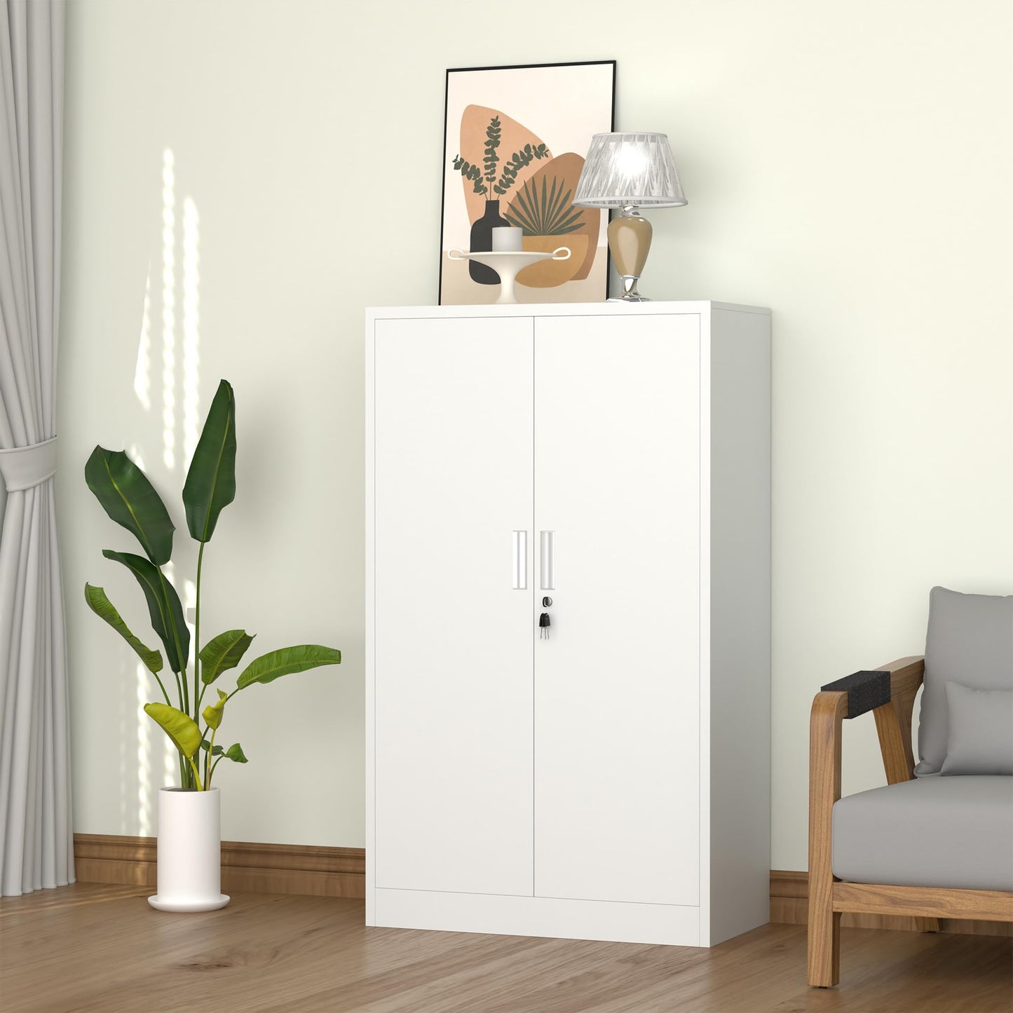 iJINGUR Metal Storage Cabinet with Locking Doors and Adjustable Shelves, 53.5-Inch Tall Lockable Storage Cabinets for Home Office Garage Kitchen Pantry (White)