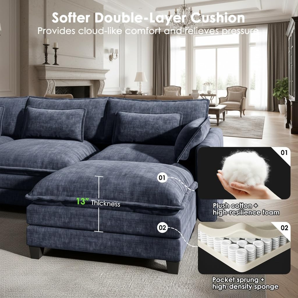 Marsail Modular Sectional Sofa 110.6" U-Shaped Modern Comfy Cloud Couch, 5-Seat Chenille Deep Seat Sofa with Throw Pillow & Movable Ottoman for Living Room, Bedroom and Apartment, Navy Blue