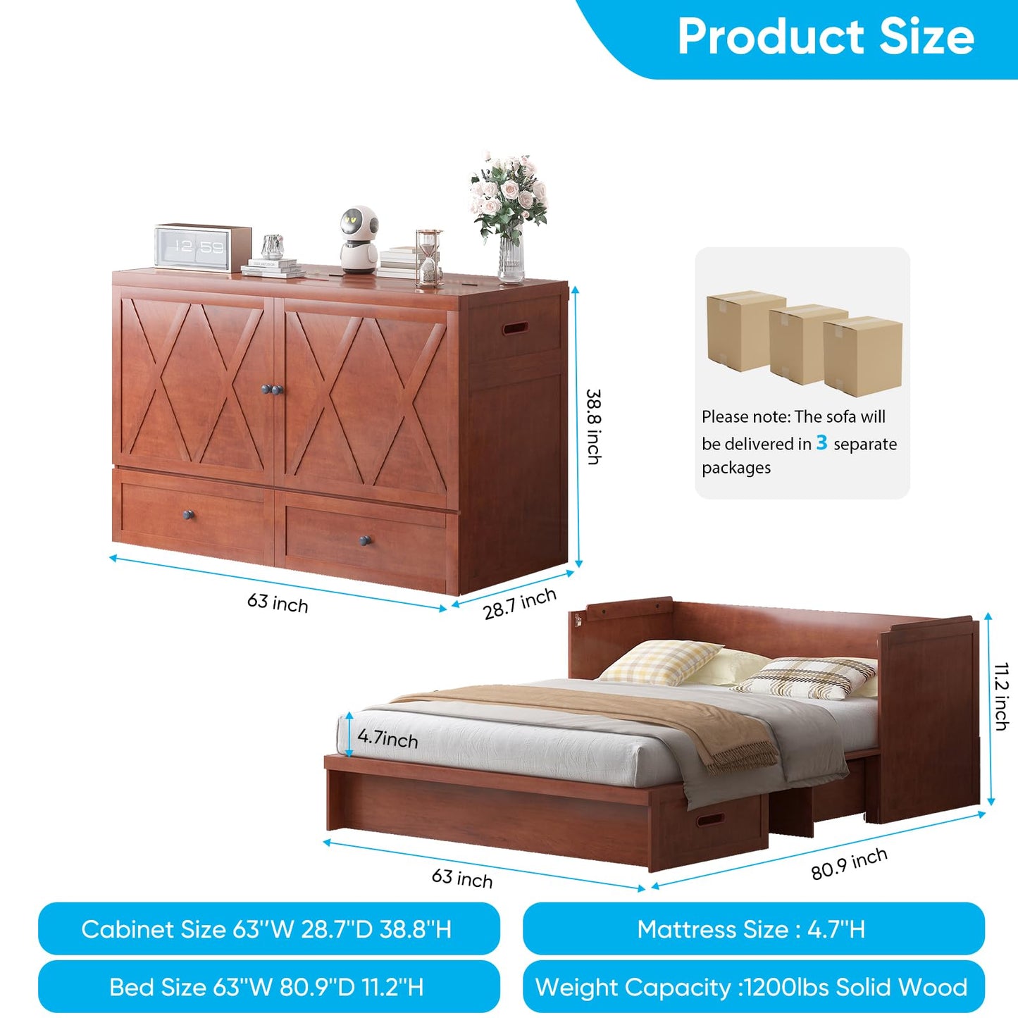 Mjkone Murphy Bed, Queen Hidden Cabinet Bed with Built-in USB Charging Station and 2 Storage Drawers, Murphy Wall Beds Cabinet Beds for Living Room, Guest Room, Apartment, Brown (No Mattress)