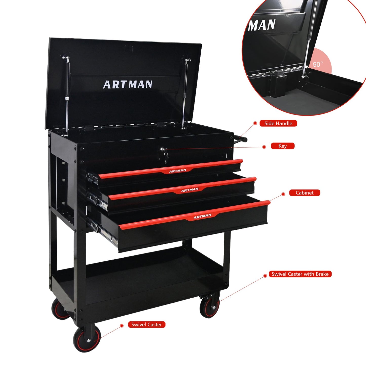 KEIKI 3-Drawer Rolling Tool Cart with Lift-Up Steel Top, Utility Tool Box, Multi-Functional Tool Storage Organizer Cabinet for Garage, Warehouse, Workshop, Repair Shop, Black