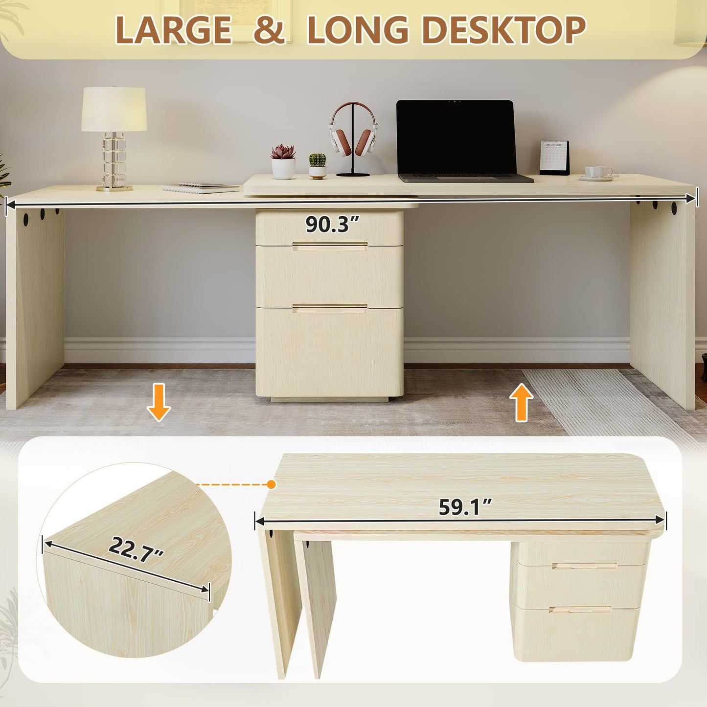 Merax 360° Rotating L-Shaped Desk with 3 Drawers | 90" Modern Corner Computer Desk for Home Office, Living Room, Executive Writing Study Work, Natural Wood