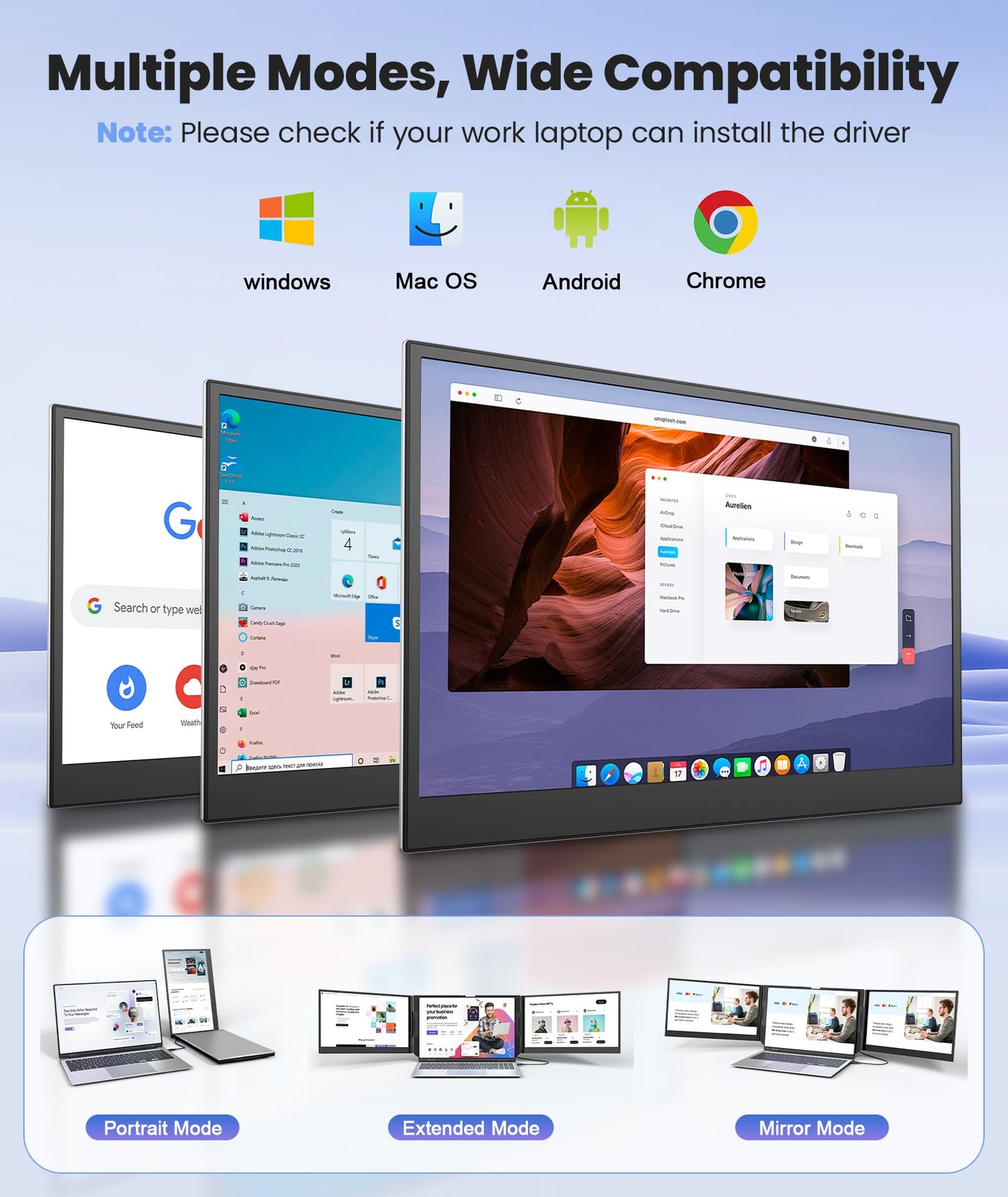 Rizpak One Cable Laptop Screen Extender, 15.6” Ultra-Slim Triple Portable Monitor, 1080P FHD IPS Display, USB-C/A Connection, Travel Monitor for 13–17.3" Laptops, Mac/Windows/Android (Driver Required)