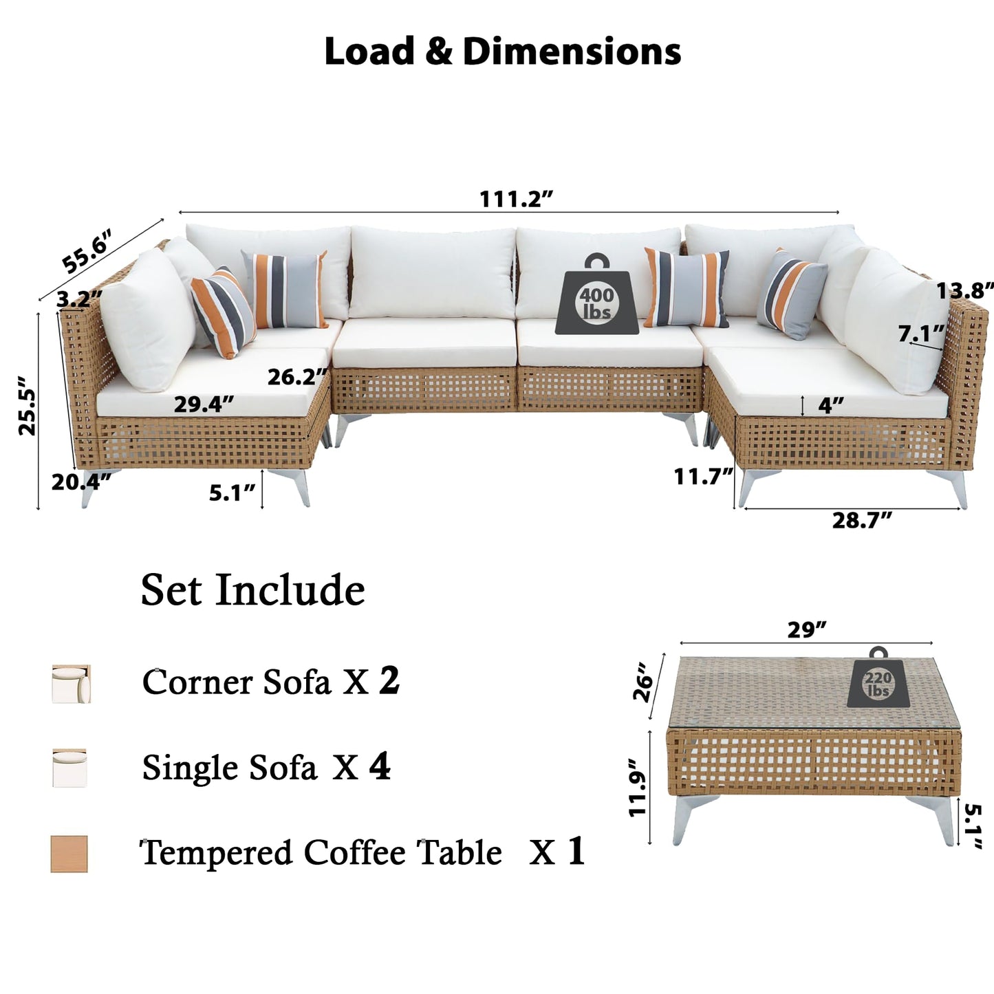 Merax 7 Piece Outdoor Patio Furniture Sets - 8-Seat PE Wicker Sectional Sofa w/Rattan Chaise Lounge & Thick Cushions, 29" Coffee Table w/Glass Top for Garden, Couch, Porch, Backyard Beige
