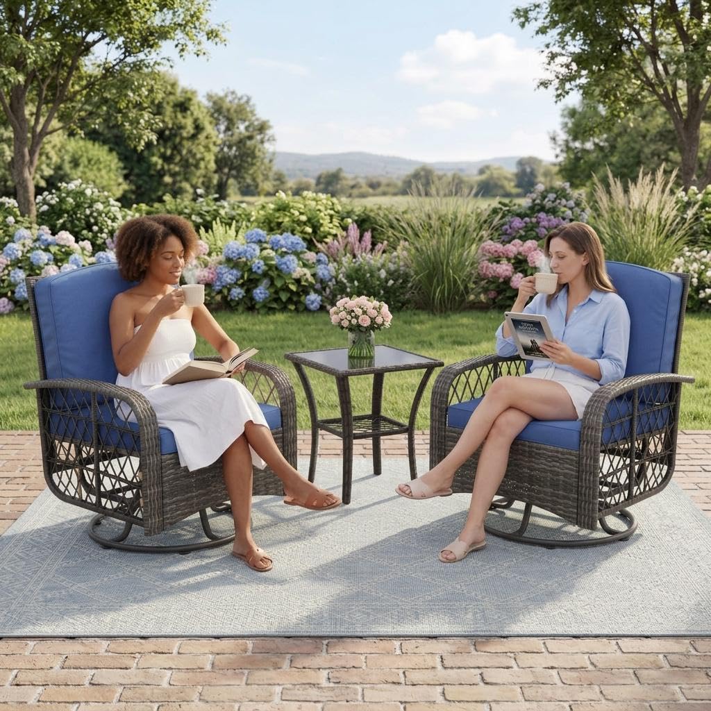 GarveeLife 3 Piece Swivel Wicker Patio Furniture Set, Outdoor Rattan Swivel Chairs with Side Table, All-Weather Conversation Set for Patio, Deck or Backyard, Gray Wicker with Blue Cushions