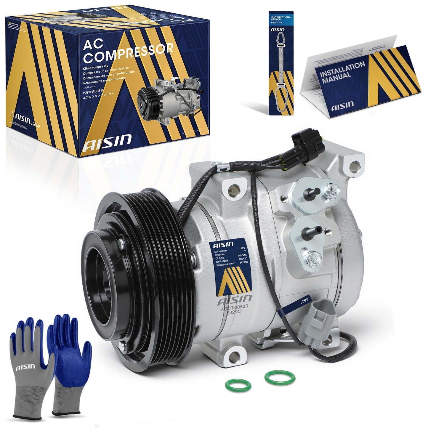 AISIN AFTERMARKET ACCT-00533 Air Conditioner AC Compressor - Compatible with Toyota RAV4 2001-2005 2.0L 2.4L - with 7-Pulley Groove, with Clutch