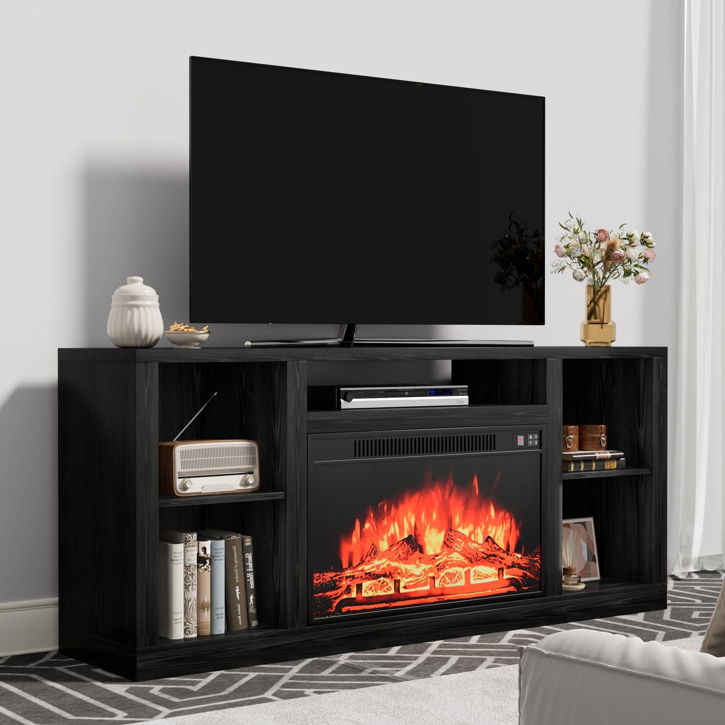 YESHOMY Electric Fireplace TV Stand for Televisions up to 65+ Inch, Media Entertainment Center Console Table with Four Open Storage Shelves & Cabinets, 58 Inch, Dark Black