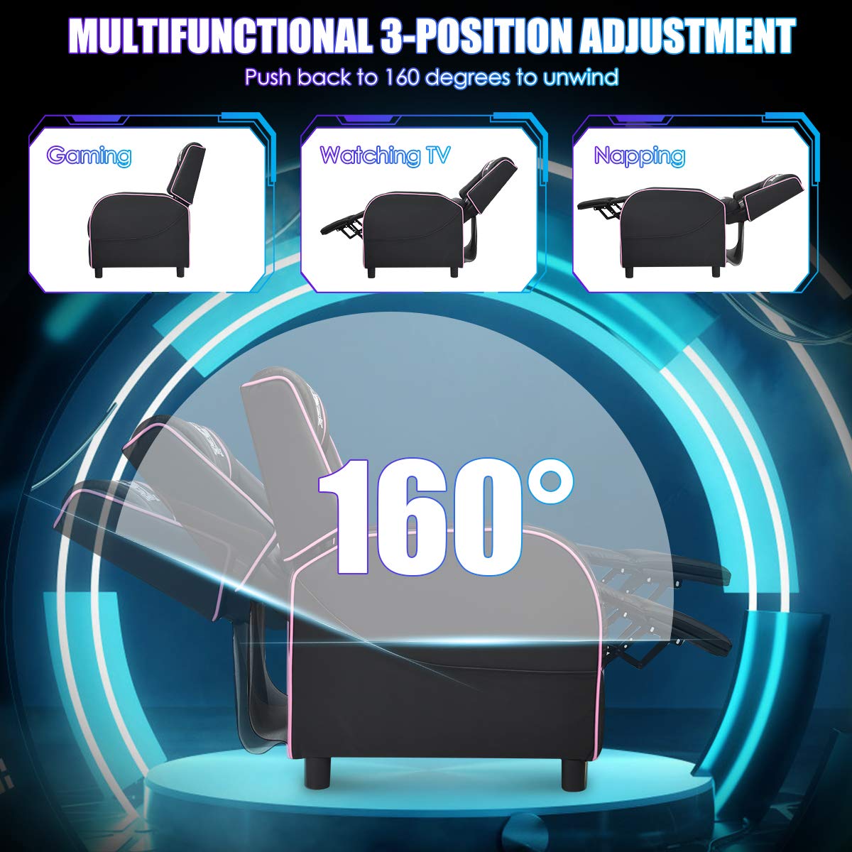 Giantex Gaming Recliner Chair, Adjustable Massage Gaming Chairs for Adults, Ergonomic Comfortable Lounge Leather Sofa w/Footrest, Remote Control & Side Pocket, Racing Style Single Sofa Recliners, Pink