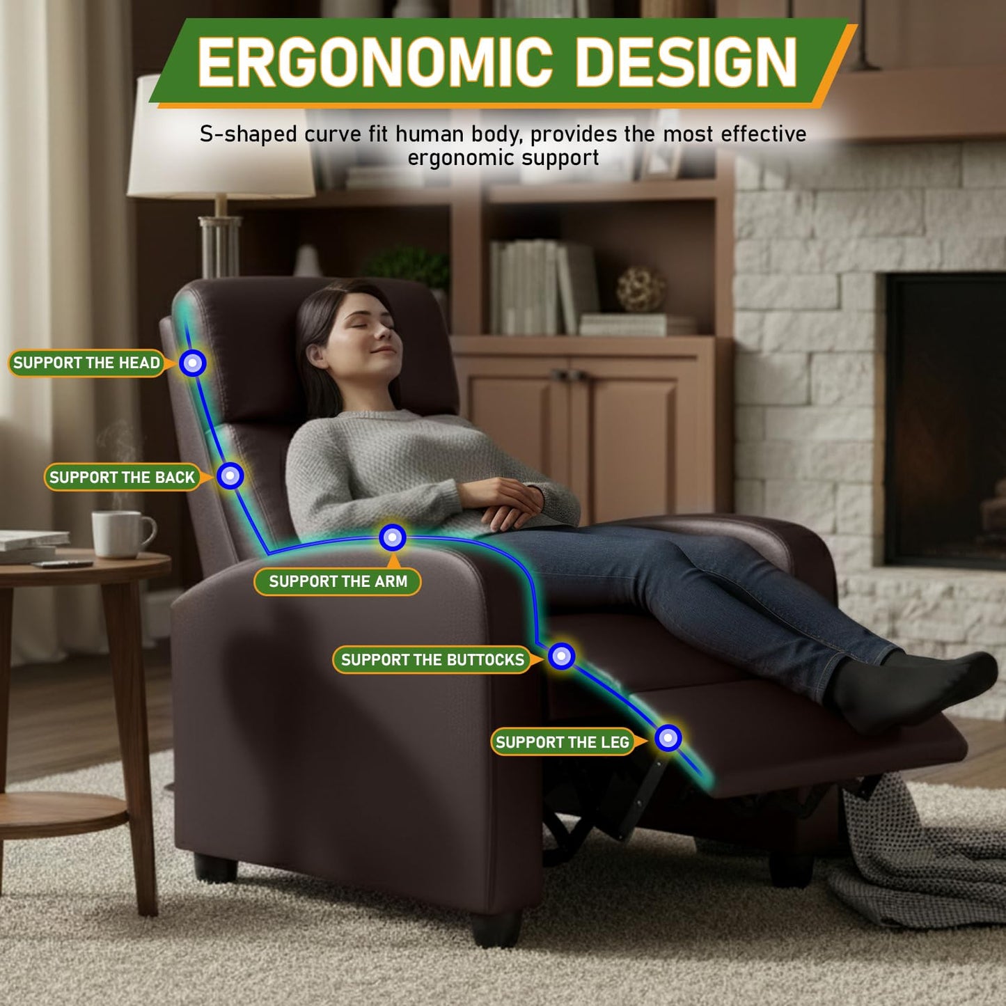 PayLessHere Recliner Chair Single Reclining Sofa Home Theater Seating with Lumbar Support and Padded Backrest for Living Room and Bedroom (Leather, Brown-Massage)