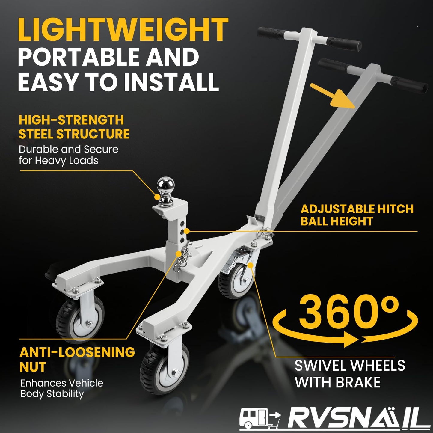 Heavy-Duty Trailer Dolly – 20,000 lbs Load, 3,500 lbs Tongue Weight, 360° Swivel Wheels with Brake, 2" & 2-5/16" Hitch Balls, Manual Trailer Mover for RV, Boat, Camper, Jet Ski, Motorcycle