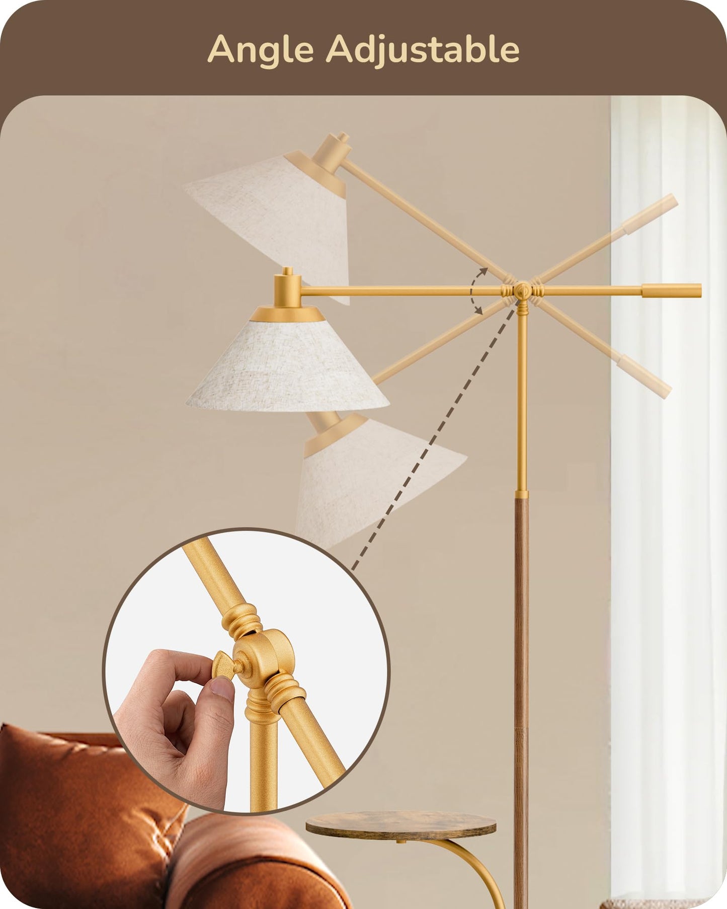 EDISHINE 68in Arc Floor Lamp, Vintage Standing Lamp with Beige Shade, Remote Dimmable Bulb, Walnut Wood Grain, Model HFLEF1