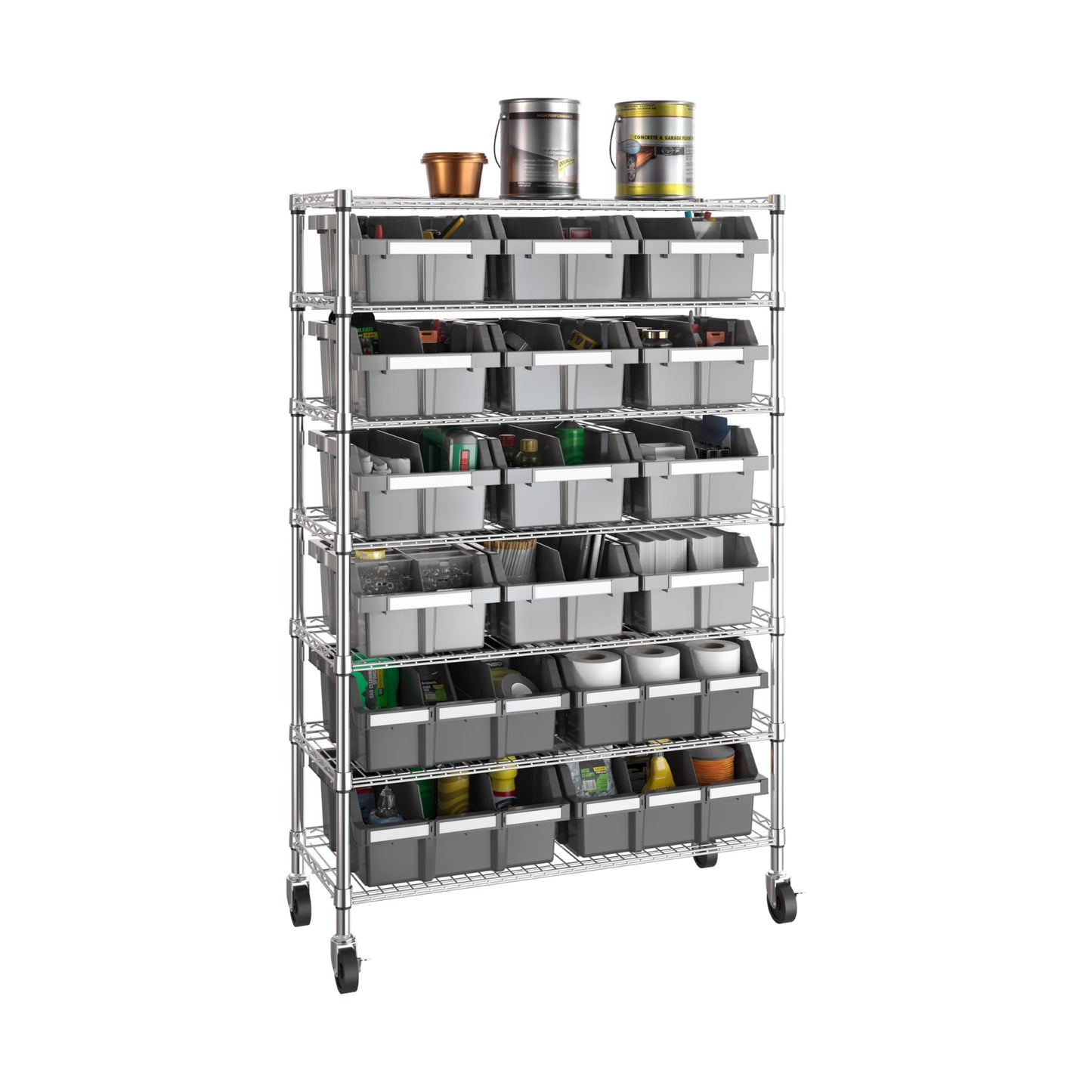 7-Tier NSF 16-Bin Steel Wire Shelving Rack, 36"W x 14"D x 56"H, Gray
