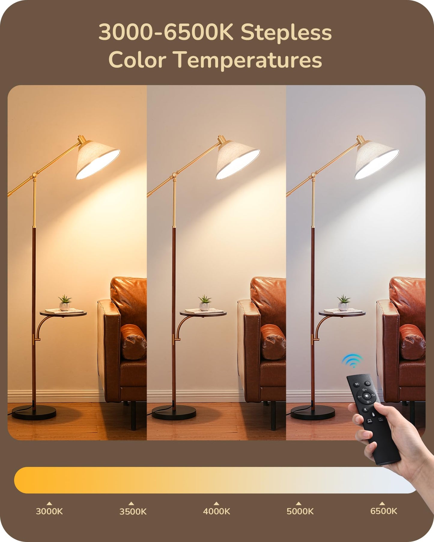 EDISHINE 68in Arc Floor Lamp, Vintage Design, Remote Dimmable Bulb, Beige Shade, Adjustable Arm, Wood Grain Finish, Model HFLEF1