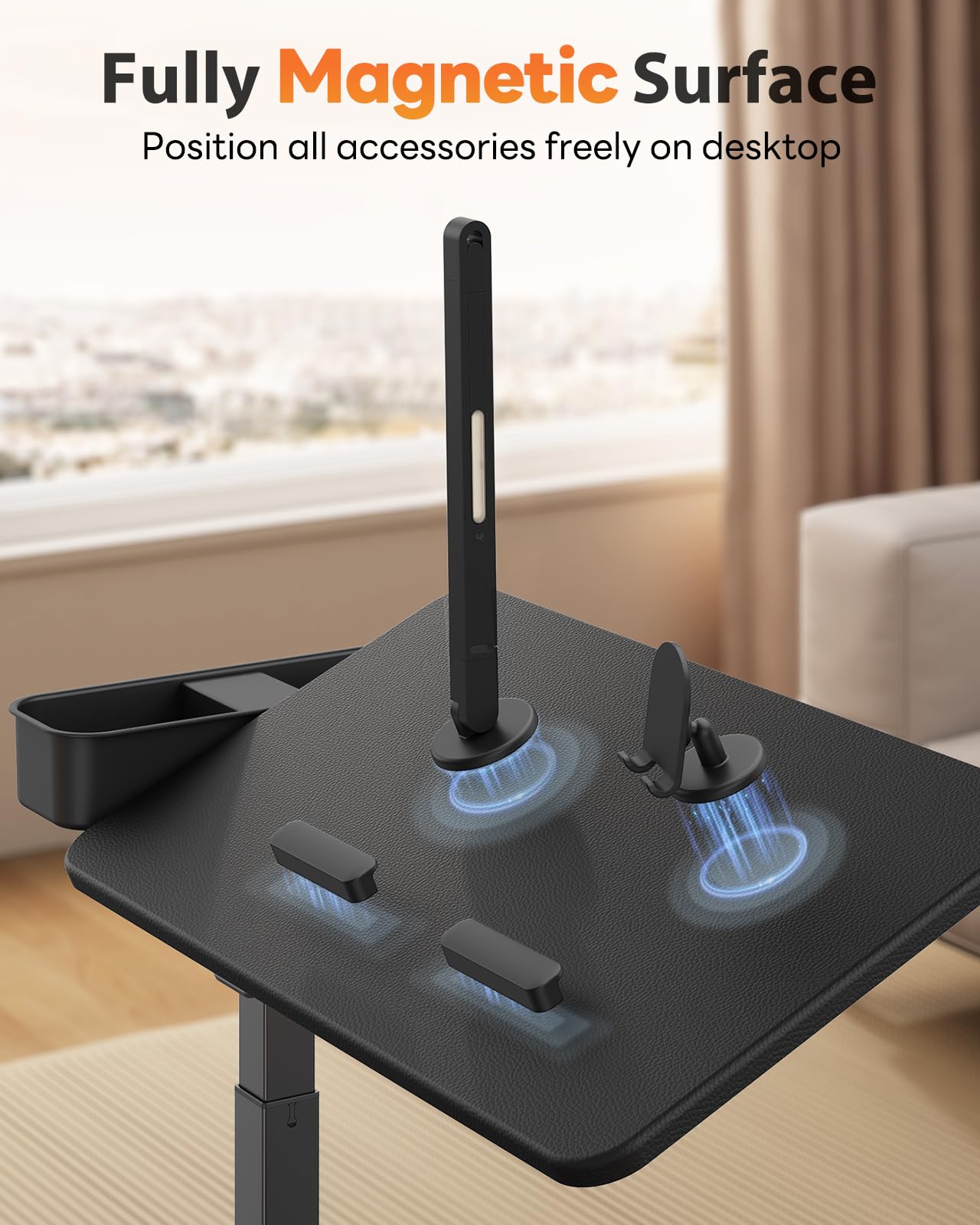 SAIJI Magnetic Overbed Bedside Table with Wheels, Height and 360° Angle Adjustable Over Bed Desk with Led Light, Portable Lengthened Rolling Laptop Standing Desk Mobile Bed Tables Hospital Home Use