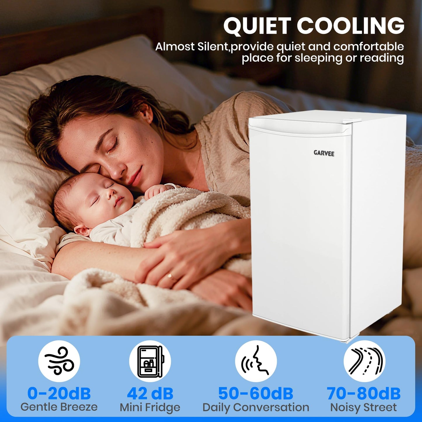 Garvee Compact Mini Fridge with Freezer, 4.5 Cu.Ft - Dual Zone Temperature Control, Single Door, 7 Adjustable Settings, Removable Shelves, Quiet & Energy Efficient - Ideal for Bedroom, Office, Dorm