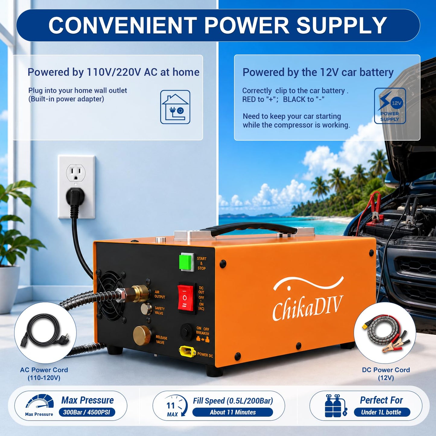 CHIKADIV PCP Air Compressor 4500Psi, Fast Fill for Airguns or Paintball Tank, PCP air pump Auto Shut-Stop, Dual Power Dual Power 12V DC &110V/220V AC,350W Air Compressor for scuba tank