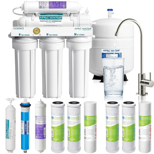 APEC Water Reverse Osmosis Water Filter System, WQA Certified, 6-Stage with Alkaline Mineral pH+ and Extra High Capacity Pre-Filter Set Stage 1-3, Ultra Safe Essence Series, 75 GPD