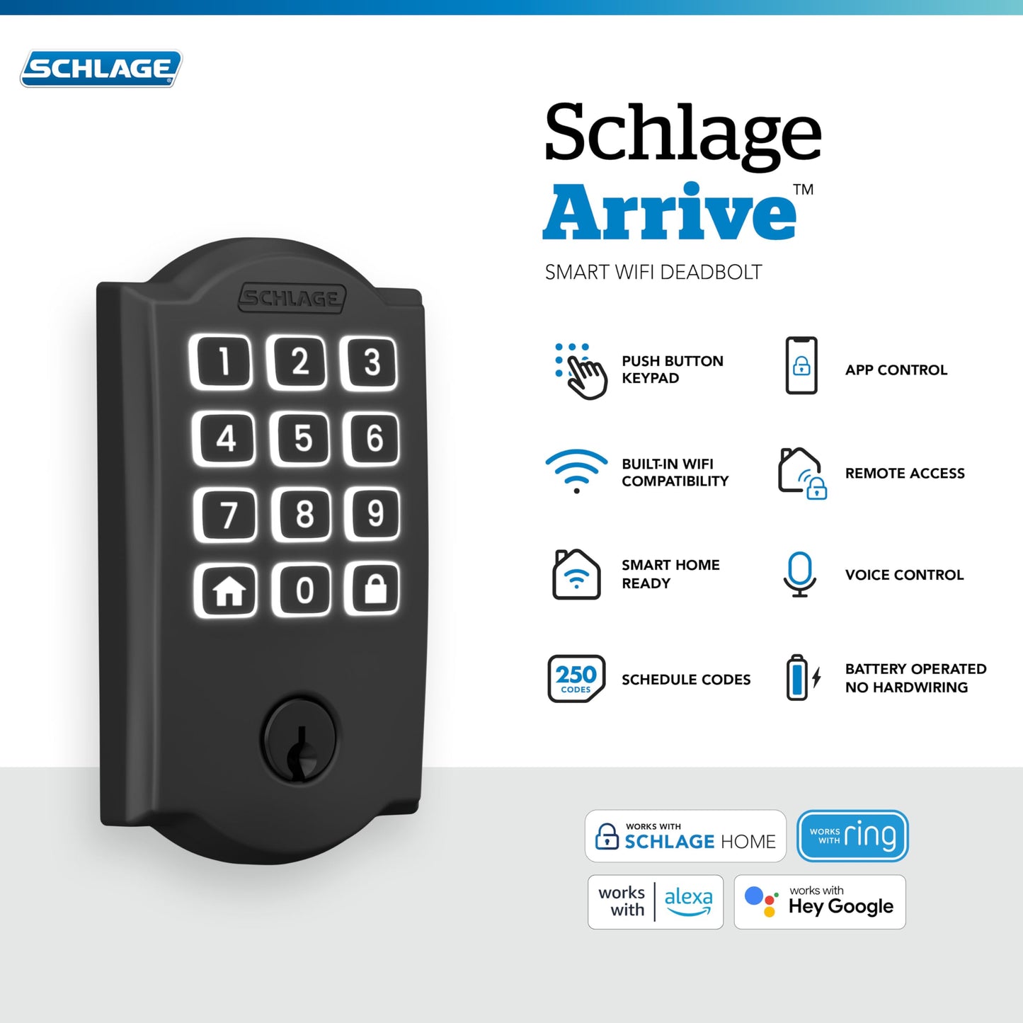 Schlage Arrive Smart Wi‑Fi Deadbolt Lock with Keypad, Keyless Entry Front Door Lock, App Control, Alexa and Google Home Compatible, Matte Black, BE459WB CAM 622