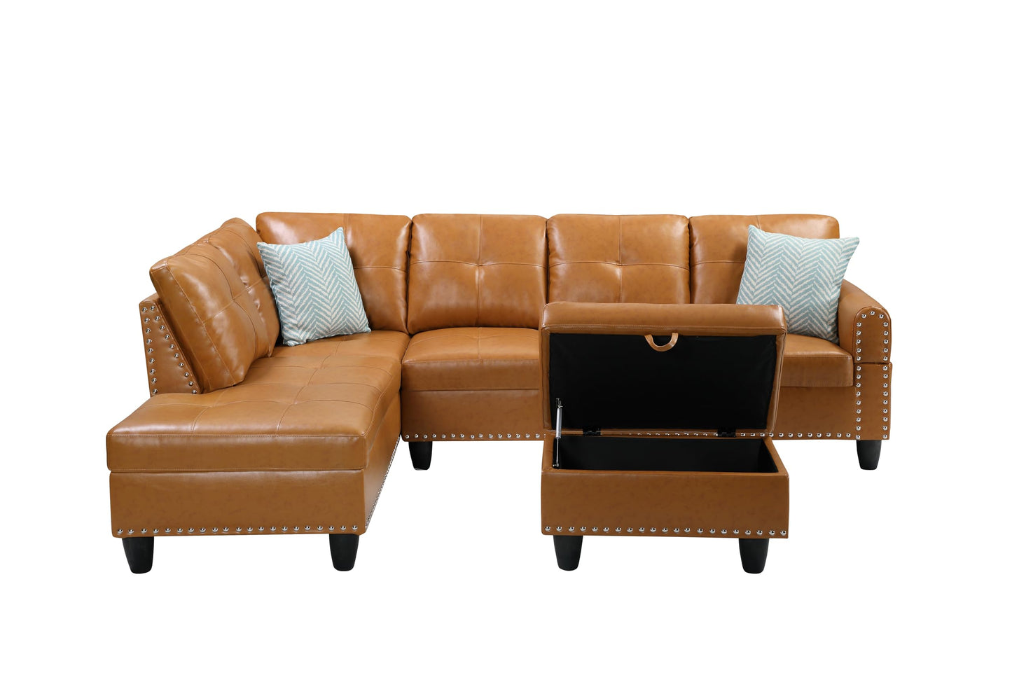 Favfurish 98" L Shaped Sectional Sofa Set with Storage Ottoman Reversible Back Cushion Cupholders,Faux Leather Upholstered Modular Couch for Living Room,Office,Home Furniture,Ginger