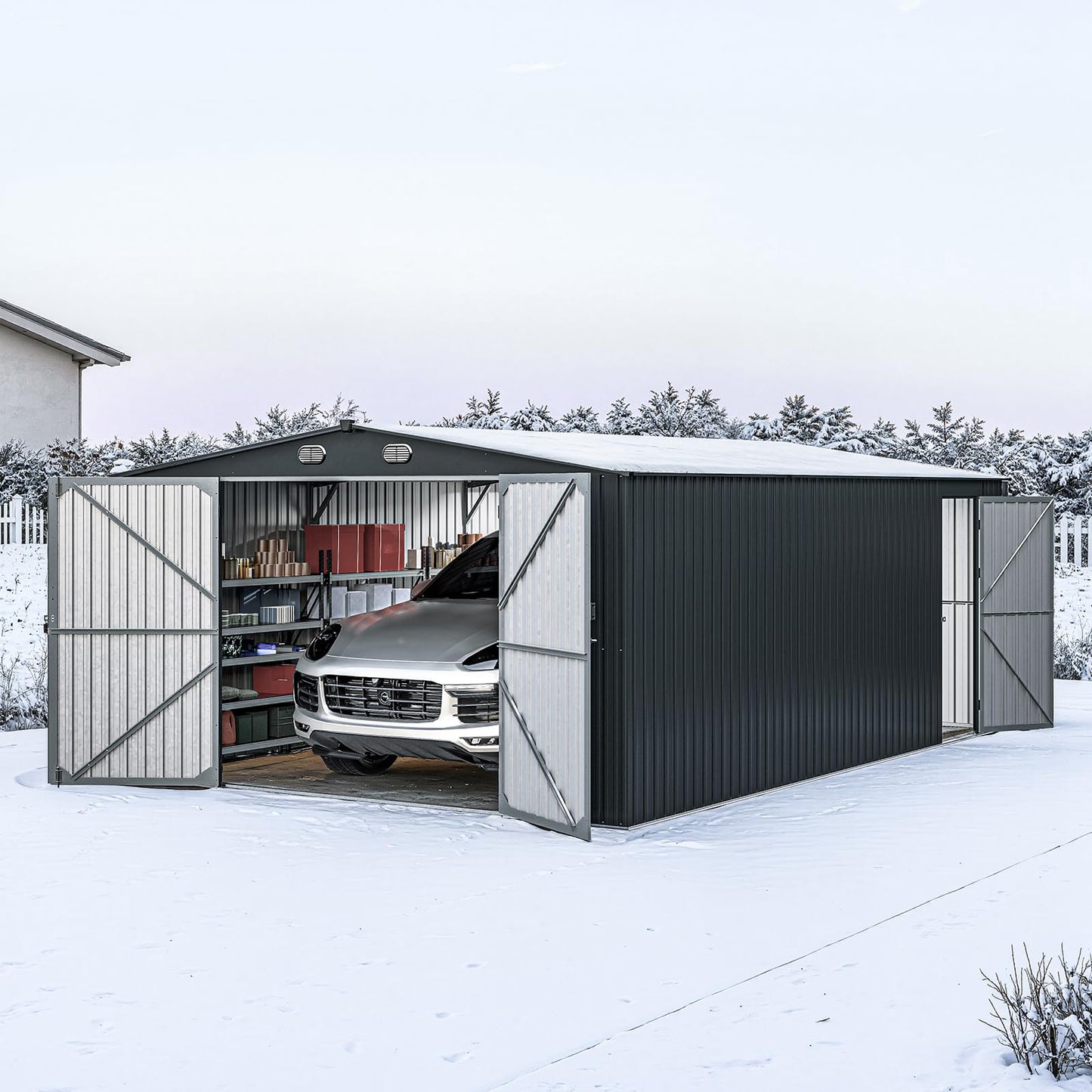 DIGMIGHT 13x20 ft Metal Garage Shed, Heavy-Duty Dark Grey Steel Outdoor Storage Building with Anti-Rust Coating for Workshop, Car, Lawn Equipment (13-20FT)