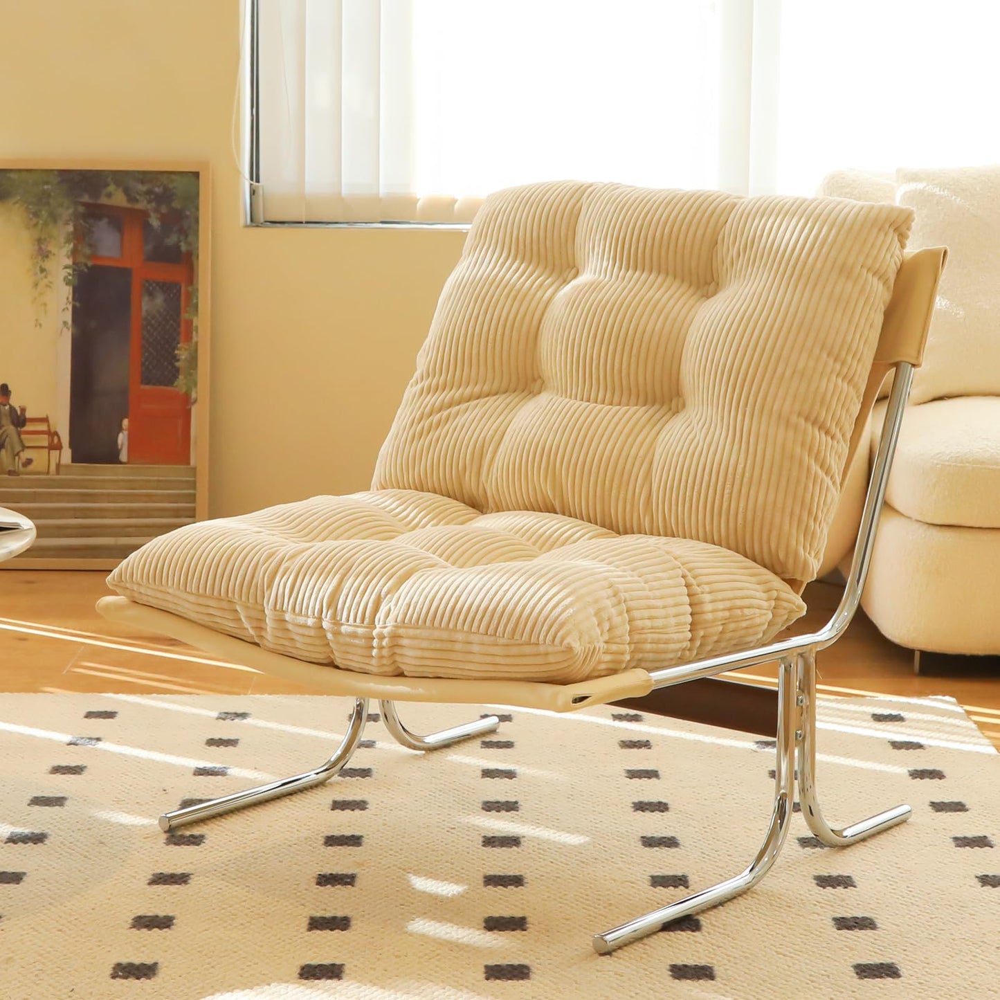 Modern Accent Chair Upholstered Lounge Chair with Chrome Metal Frame Oversized Comfy Armchair for Living Room Bedroom Home Office Reading Nook Wide Seat Sofa Chairs with Cushion Support, Cream