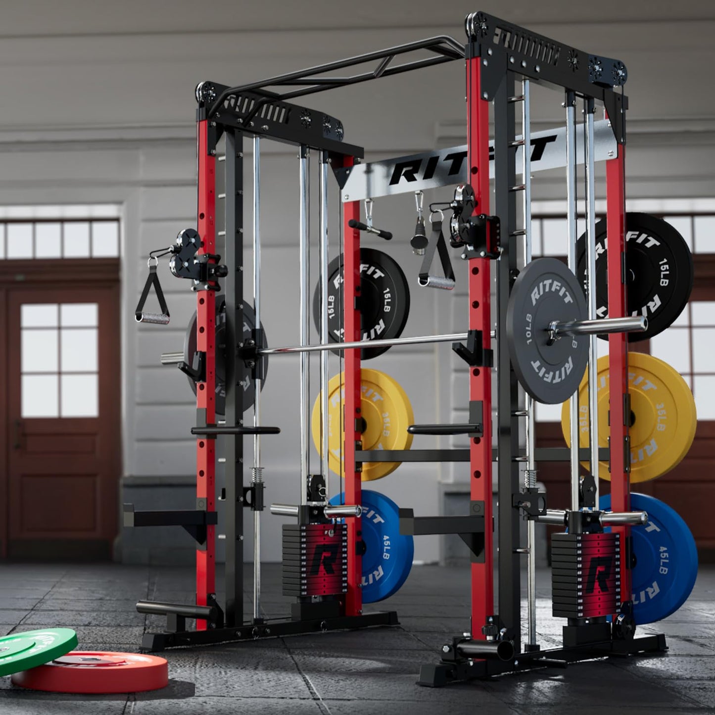 RitFit M1 Pro Smith Machine Package, All-in-One Power Cage with Weight Stack Set, Includes LAT Pulldown & Cable Crossover System for Home Gym