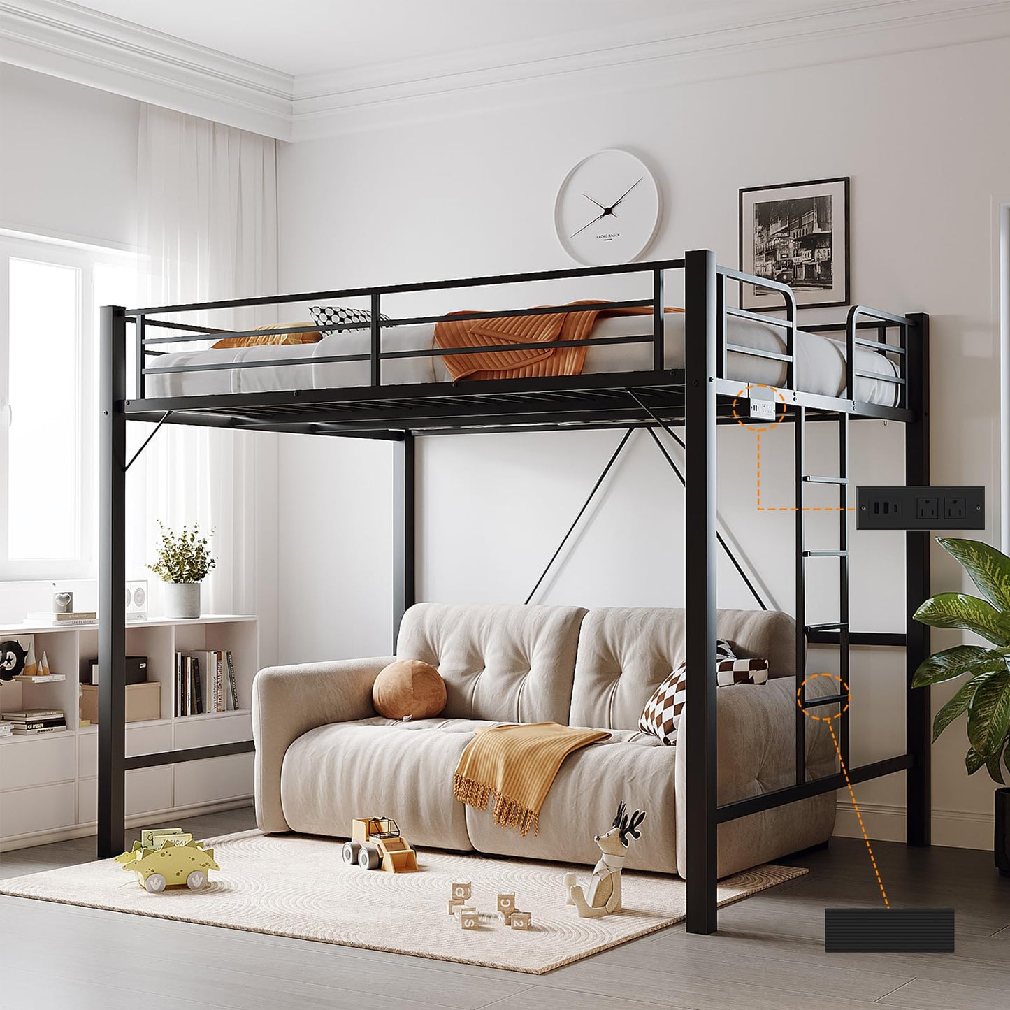 VINGLI Loft Bed Queen Size with Charging Station and LED Lights,Safety Guardrail and Stair for Teens/Adults, No Box Spring Needed, Heavy Duty Metal Support Slat, Black
