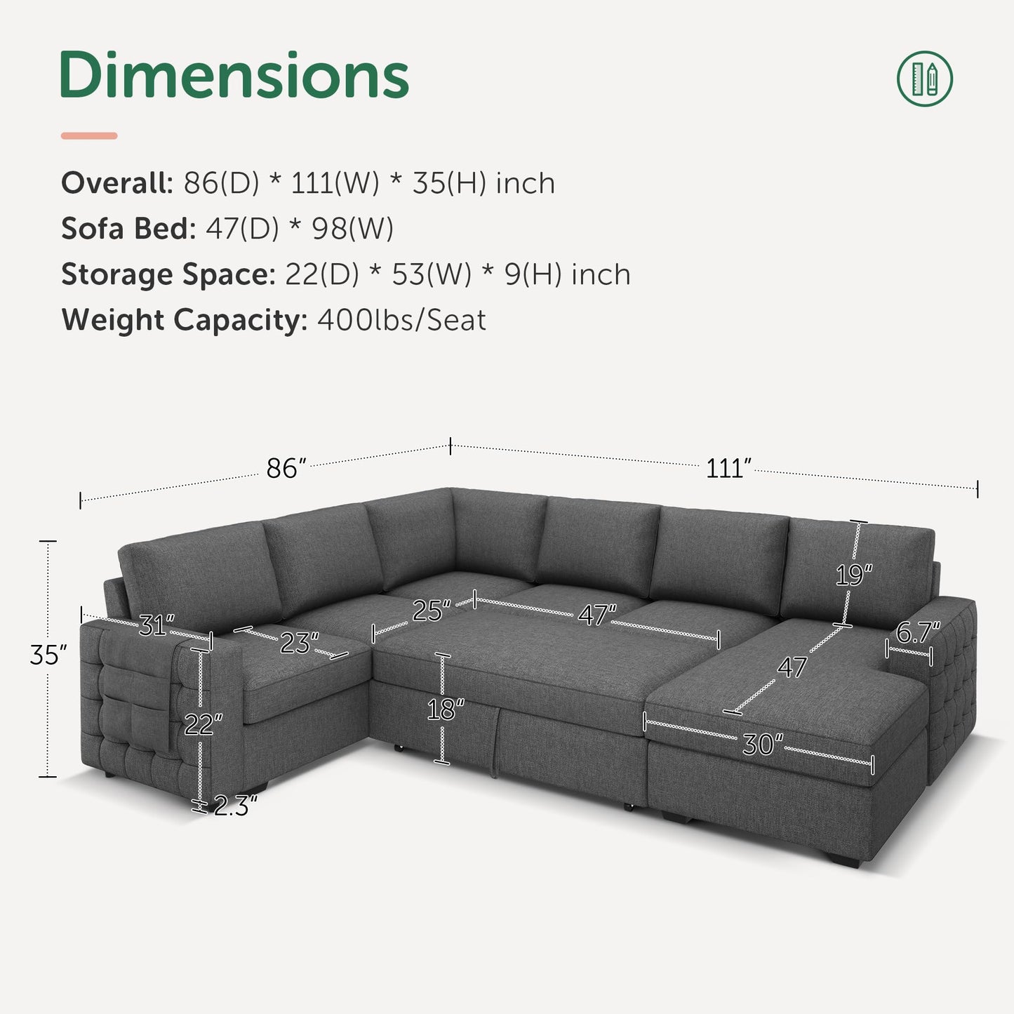 HONBAY Sectional Sleeper Sofa with Pull-Out Bed Storage Chaise, 6 Seaters Couch for Living Room, Light Grey
