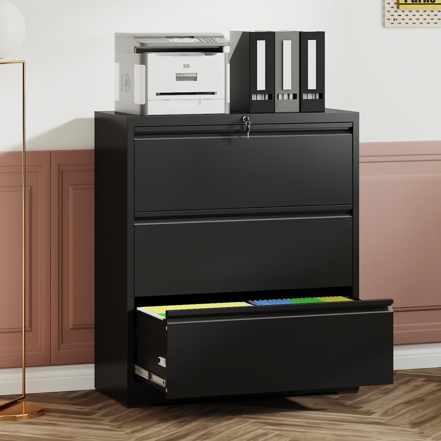KEIKI 3 Drawer Lateral File Cabinet with Lock, 40.4" Heavy-Duty Metal Filing Cabinet, Wide Storage for Letter/Legal/A4/F4, Silent Full-Extension Slides, Anti-Tilt Safety for Home Office, Black