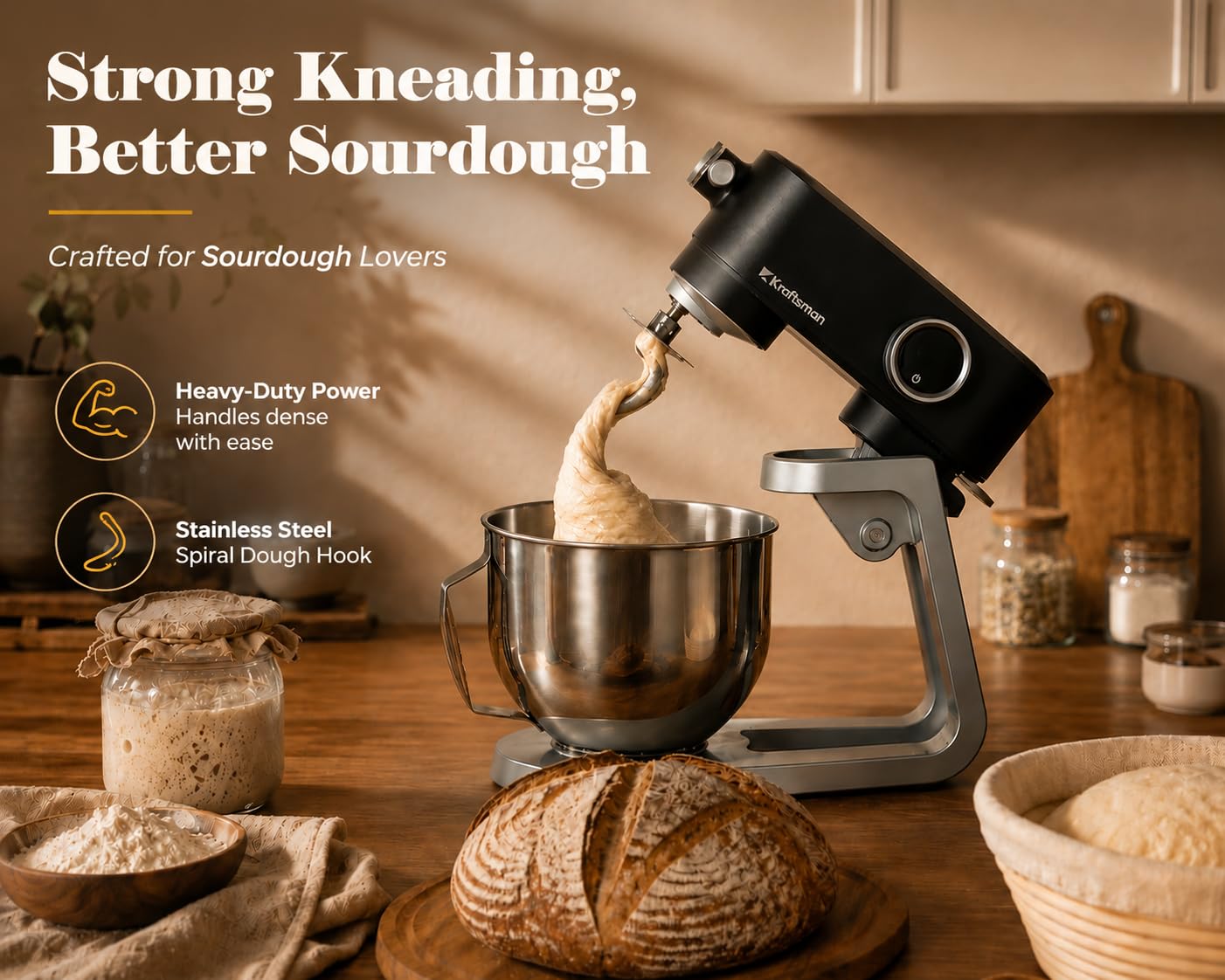 Kraftsman All Metal Stand Mixer DC Motor - Heavy Duty Dough Mixer 5.3 Quart with 4 Stainless Steel Attachments, Quiet Operation with Timer, Verstile Standing Mixer with Power Hub, 8-Speed (Black)