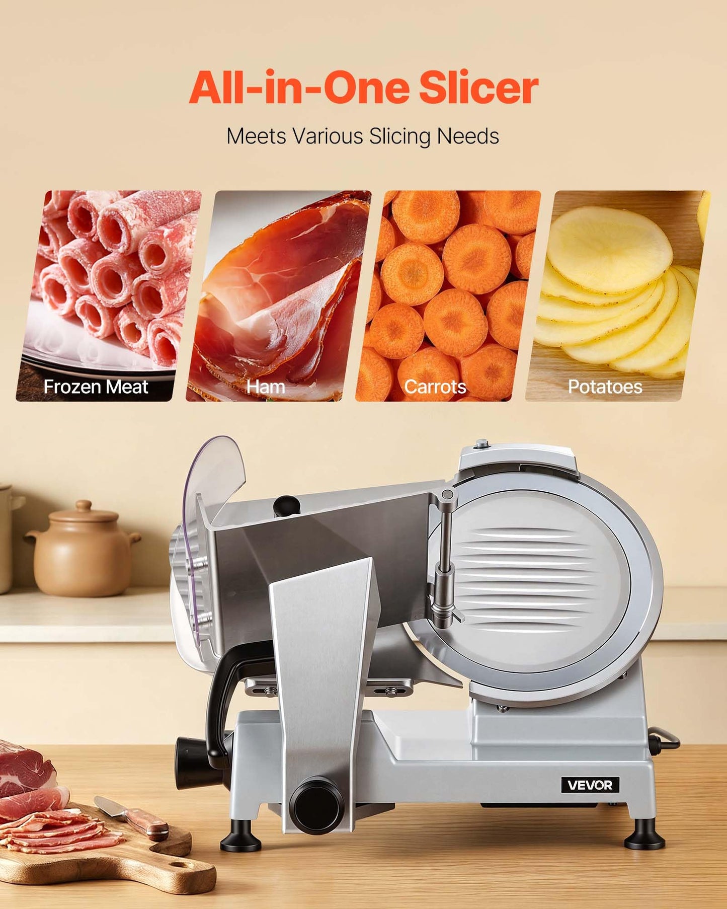 VEVOR Commercial Meat Slicer, 10 inch Electric Food Slicer, 240W Frozen Meat Deli Slicer, Premium Chromium-plated Steel Blade Semi-Auto Meat Slicer For Commercial and Home use