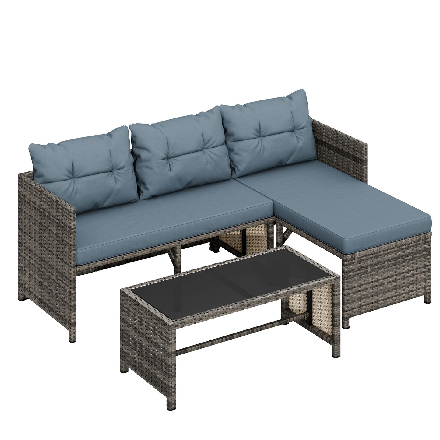 Shintenchi 3 Pieces Outdoor Patio Furniture Sets, Wicker Patio Conversation Sets, All Weather Wicker Rattan Patio Seating Sofas with Glass Coffee Table and Cushion, Blue-Gray