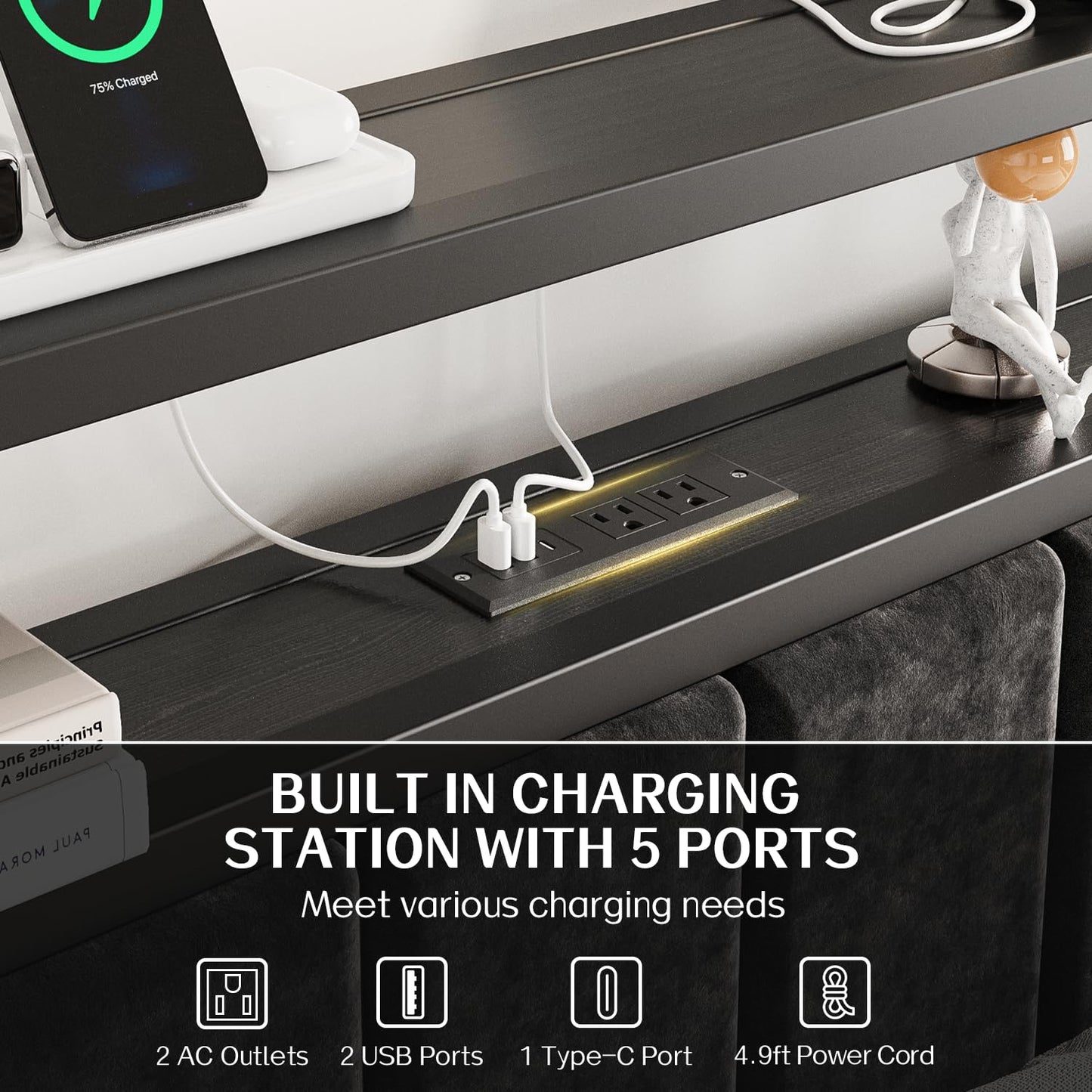 OLEVS King Bed Frame with Charging Station & LED Lights, Modern Platform Bed with Upholstered Storage Headboard, No Box Spring Needed Noise Free