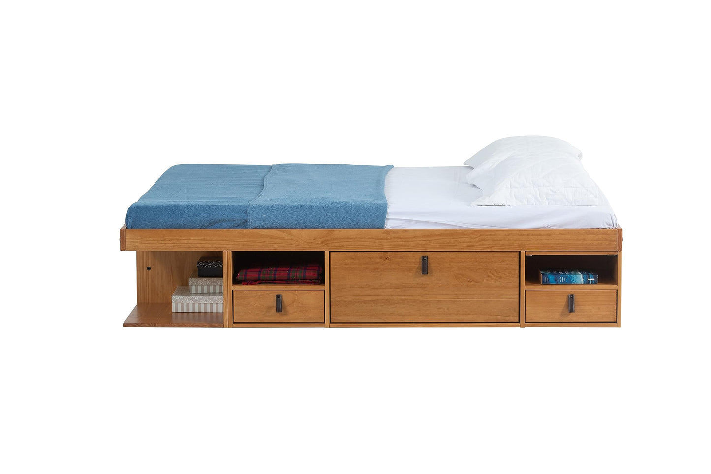 memomad Bali Full Size Storage Platform Bed with 6 Drawers, 6 Shelves, 2 Door Cabinets, 2 Pullout Nightstands, Solid Pine Wood Bed Frame with Underbed Storage, No Box Spring Needed, Oak Brown