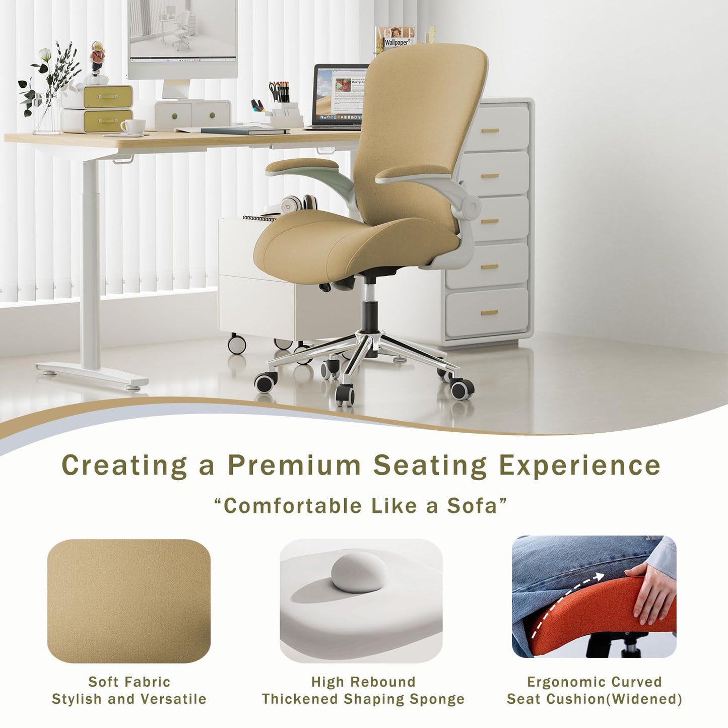VOTRENIX Kahki Ergonomic Office Desk Chair, Soft Fabric Thickened Curved seat Cushion with Adjustable Lumbar Support, Perfect Blend of Comfort and Good Looks, Ideal Chair for Home or Office, Khaki