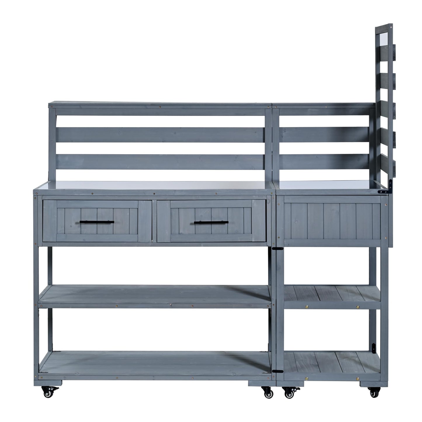 GDFStudio Elshire Patio Kitchen Island Cart with Storage, Wooden Outdoor Storage Cabinet with Stainless Steel BBQ Prep Table Top, Drawers, Raised Shelf and Lockable Wheels, Garden Potting Bench, Gray