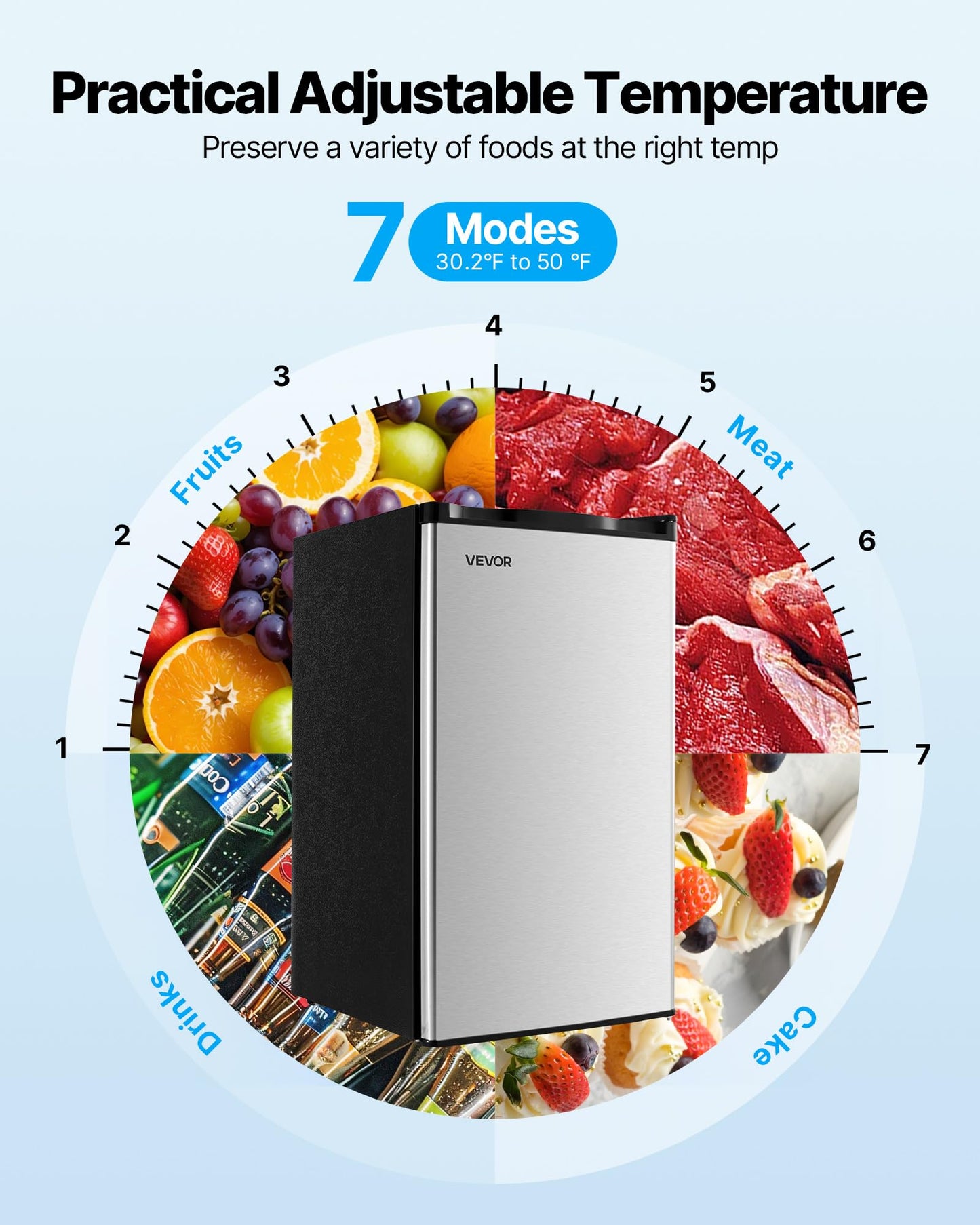 VEVOR 3.2 Cu.Ft Mini Fridge with Freezer, Single Door Compact Refrigerator with Micron Freezer Zone, 7-Mode Adjustable Temp, Energy Efficient Dorm Fridge, Reversible Door, Low Noise, Brushed Steel