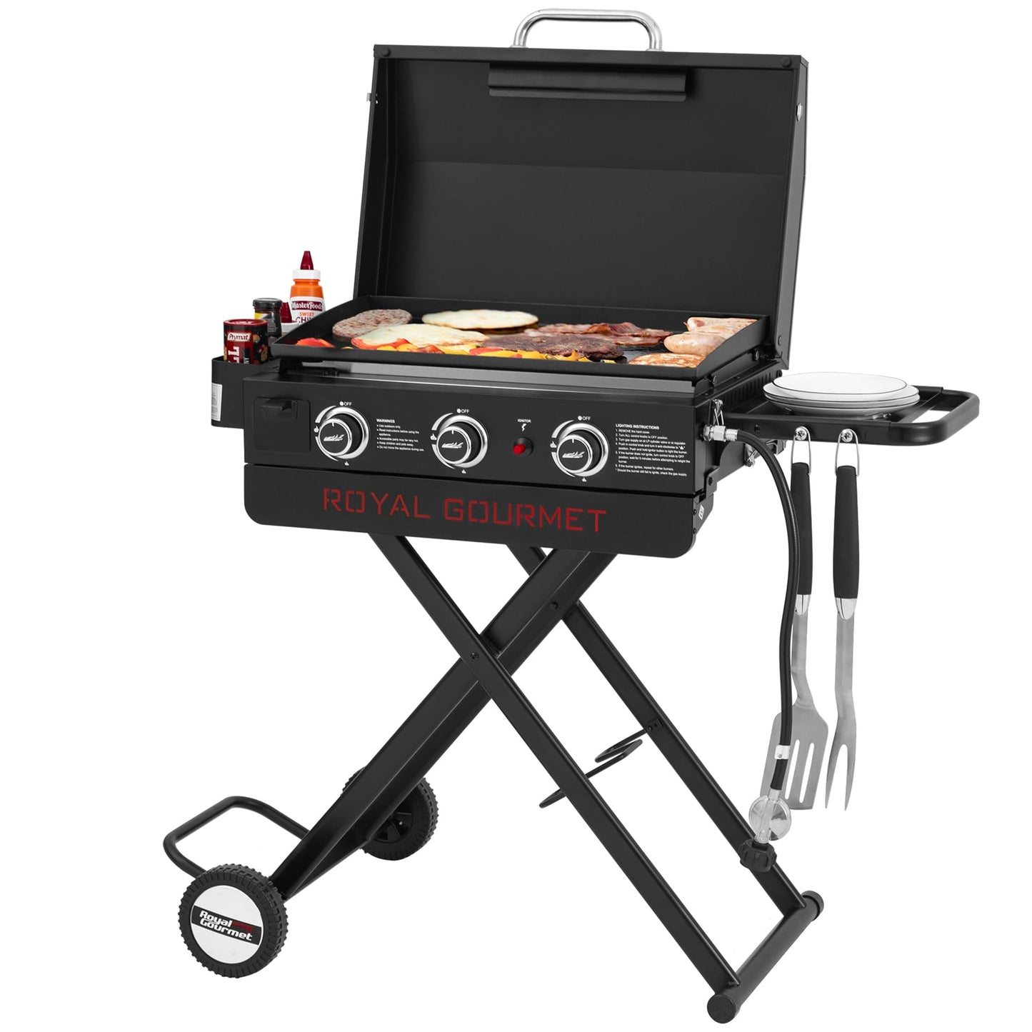 Royal Gourmet PD3001 3-Burner Propane Gas Griddle with Collapsible Stand, 23-Inch Portable Griddle with Side Table & 314 Sq. In. Cooking Area for Camping, Tailgating, Backyard & Patio, Black