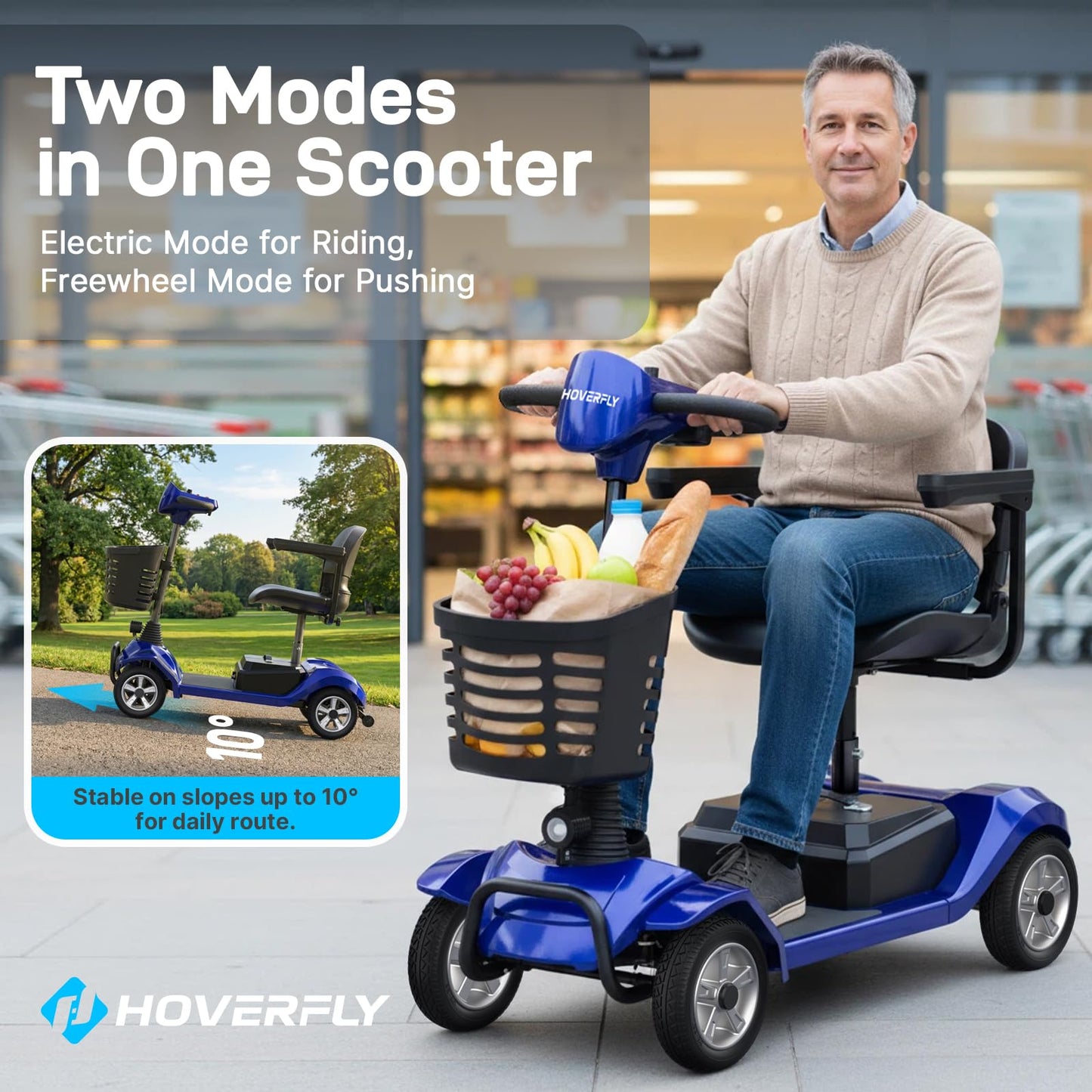 Hoverfly T4 Mobility Scooter for Seniors, Max 12.4-Mile Range & 3.7 mph, 3-Position Seat & Anti-slip Rear Wheel, Removed Battery&Quick Fold Design, Solid 9" Tire&330 lb Capacity, Ease of Assembly Blue