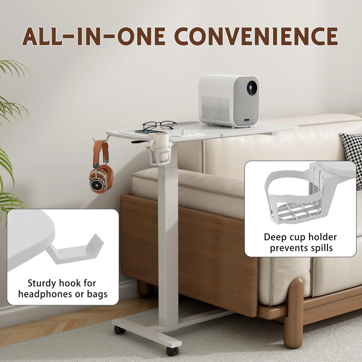 6 In 1 Overbed Bedside Table with Wheels, 32'' Long 90° Medical Adjustable Tilt Hospital Bed Table, Standing Desk with Charging Station Cup Holder Hook, 30''-43'' Height Home Hospital Office (White)